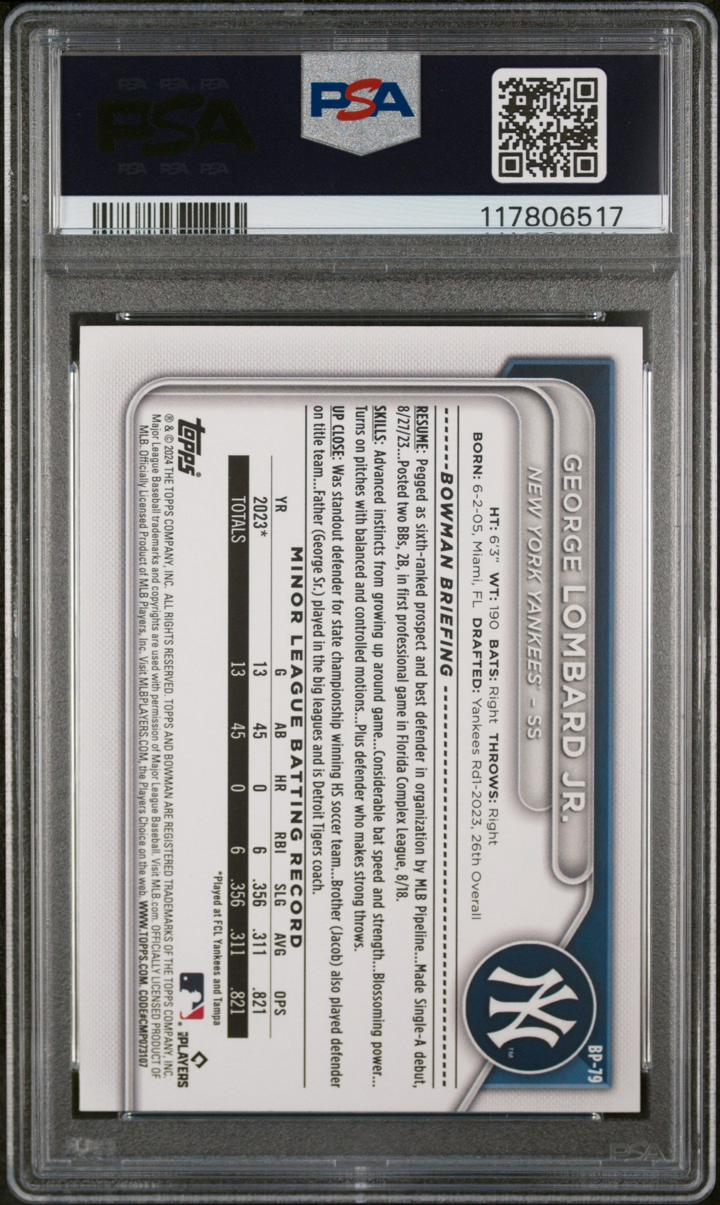 2024 Bowman Paper Prospects #BP79 George Lombard Jr. Yellow PSA 9