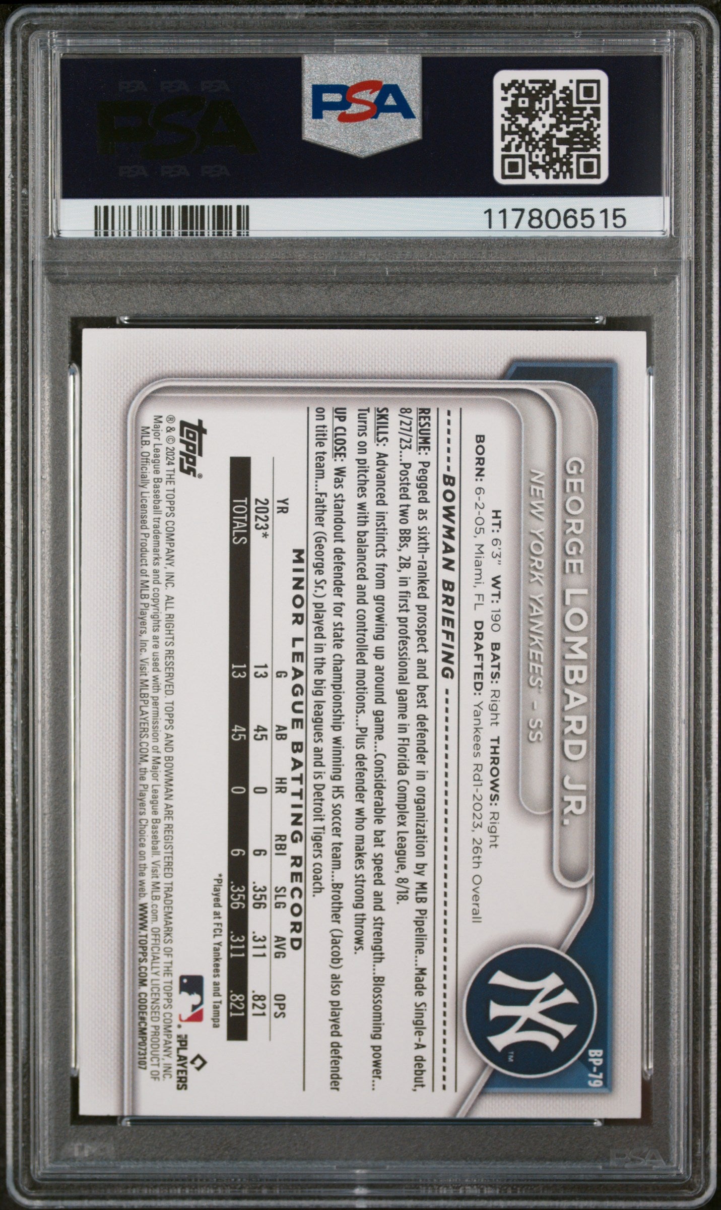 2024 Bowman Paper Prospects #BP79 George Lombard Jr. Blue PSA 9