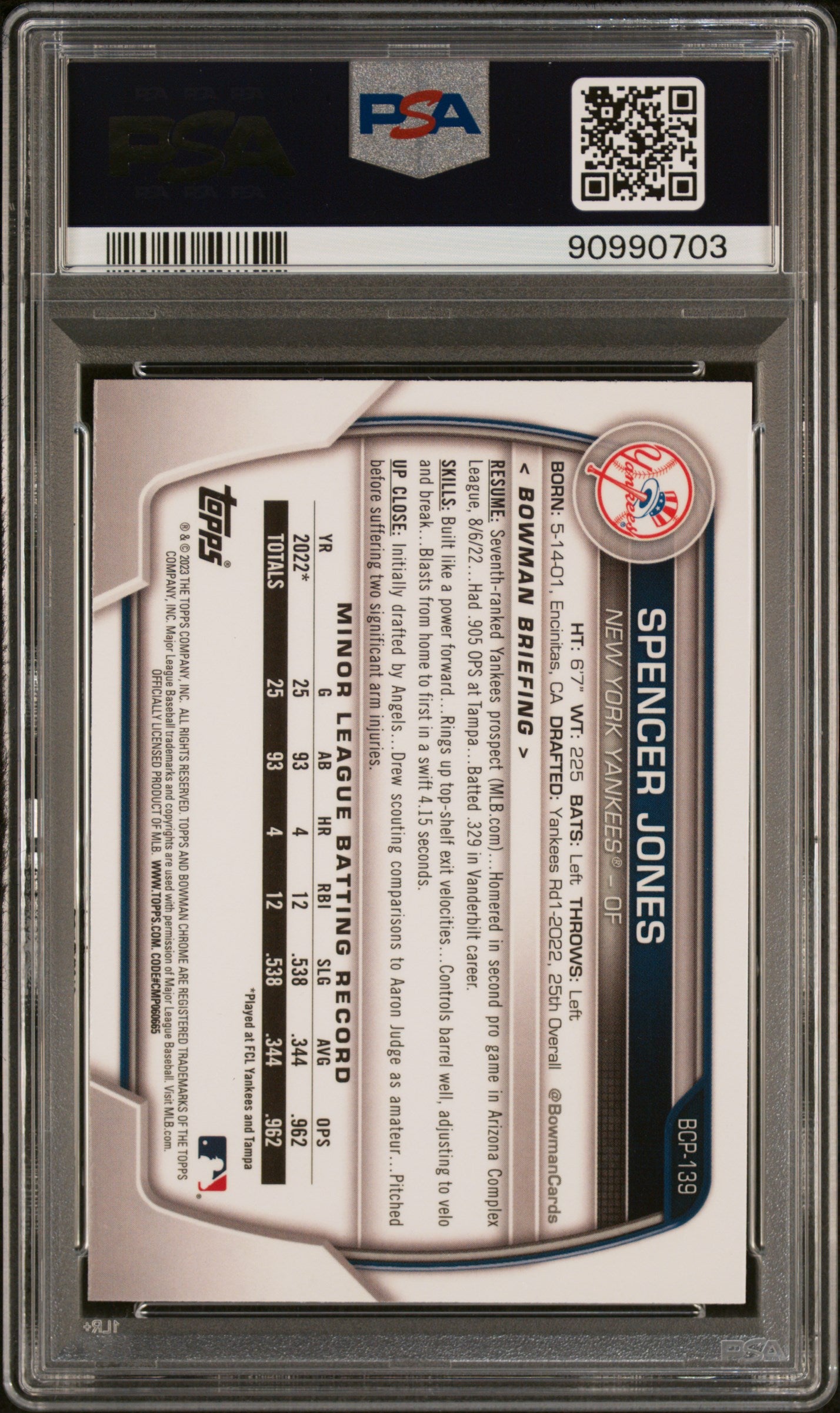 2023 Bowman Chrome Prospects #BCP139 Spencer Jones PSA 8