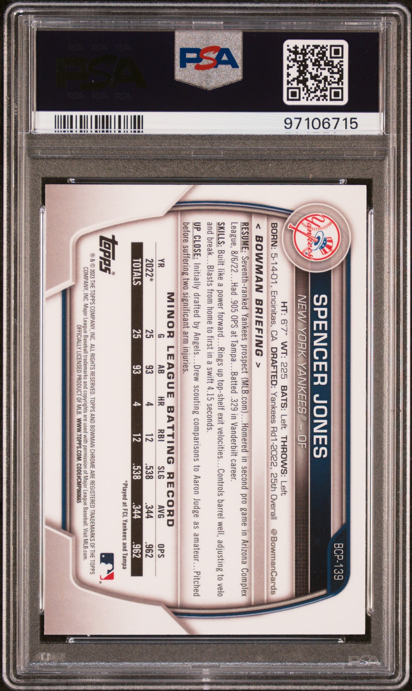 2023 Bowman Chrome Prospects #BCP139 Spencer Jones PSA 10