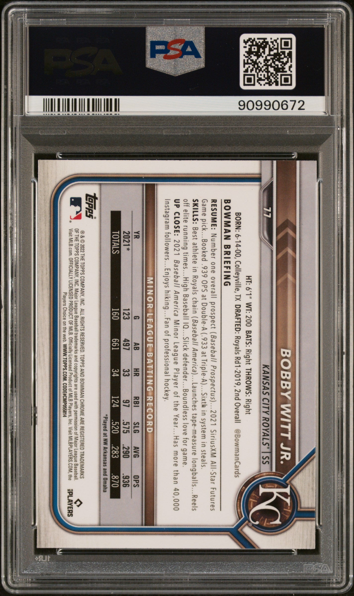 2022 Bowman Chrome #77 Bobby Witt Jr. RC PSA 9