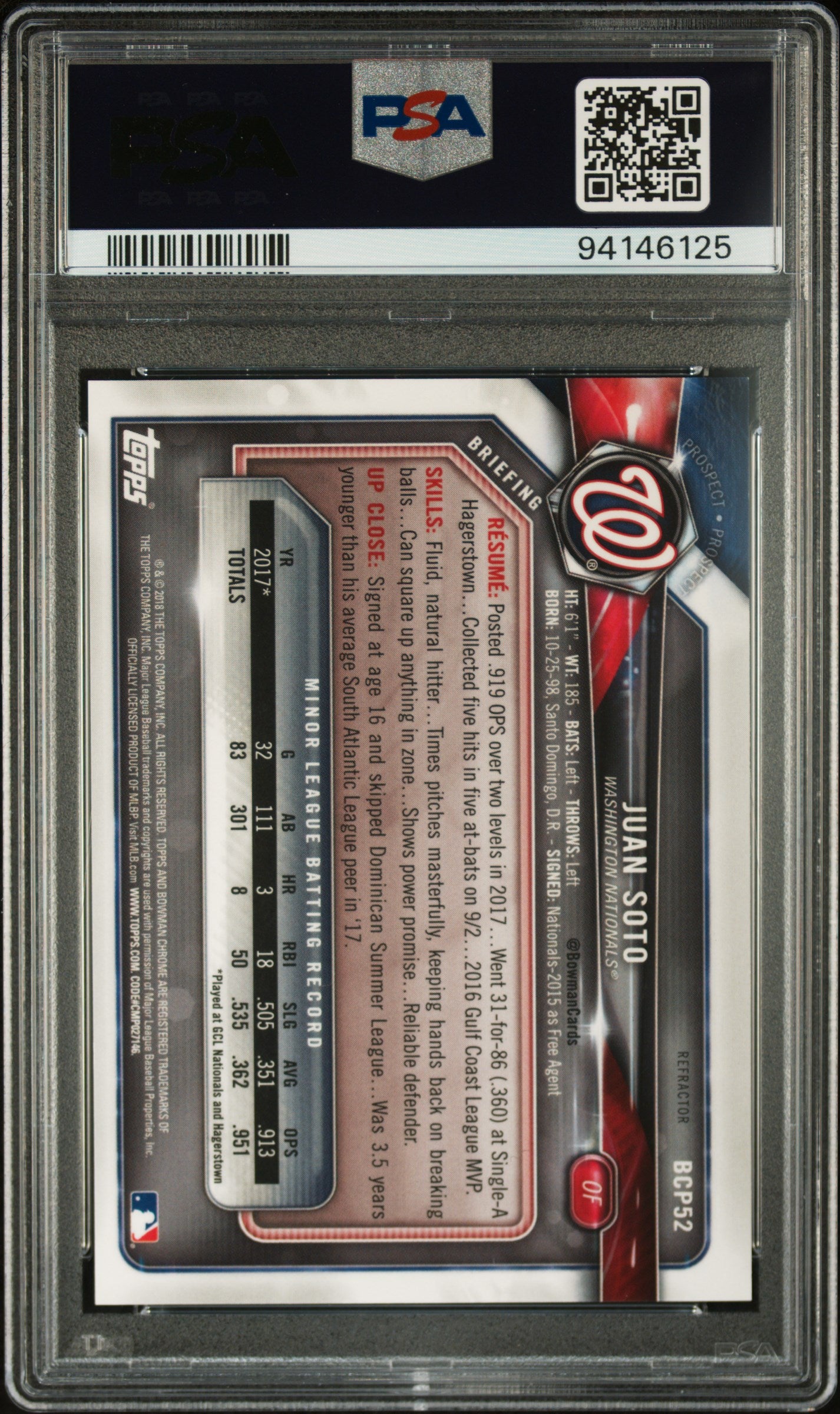 2018 Bowman Prospects Chrome #52 Juan Soto Refractor PSA 9