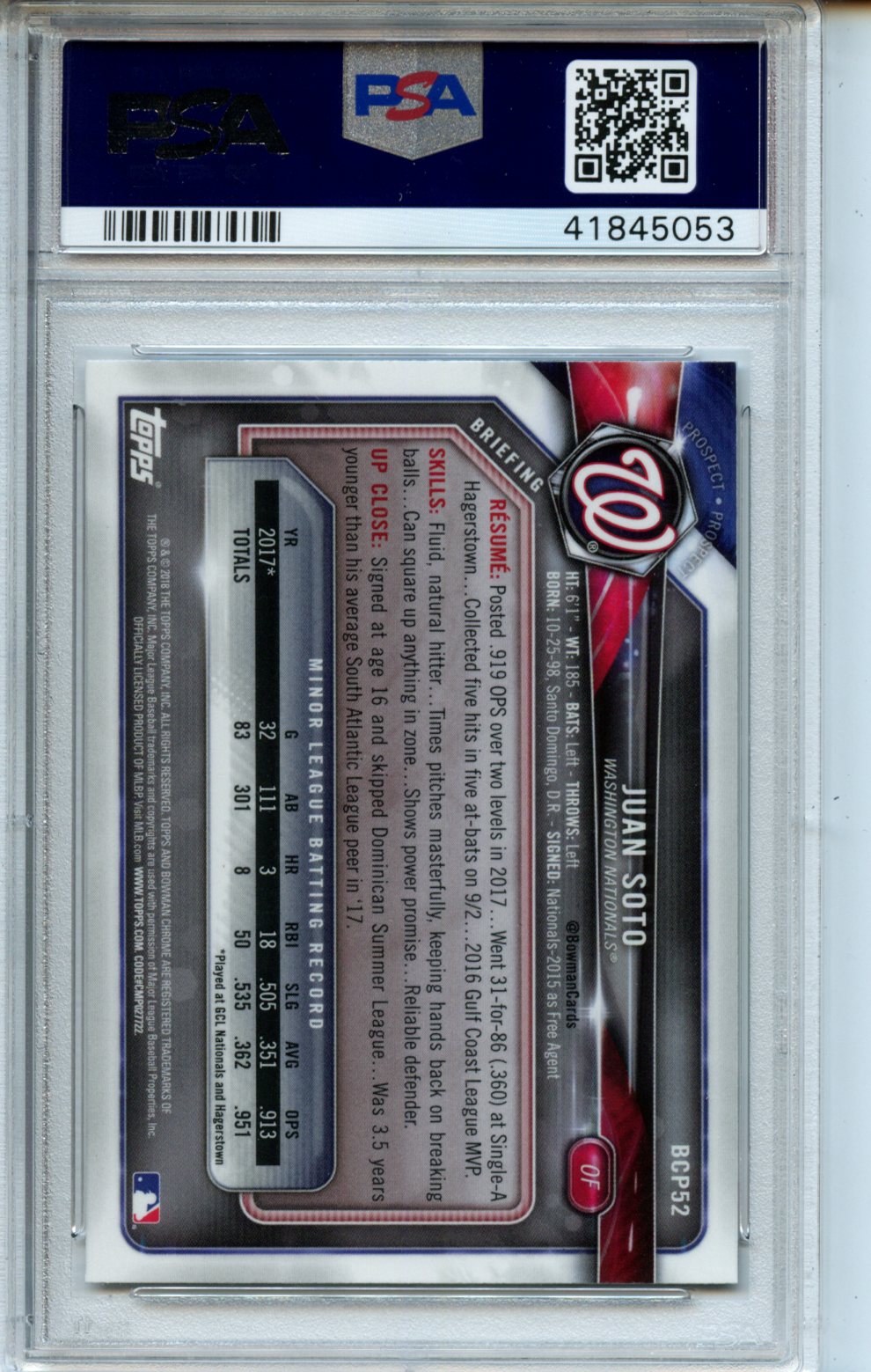 2018 Bowman Mega Box #BCP52 Juan Soto Chrome PSA 10