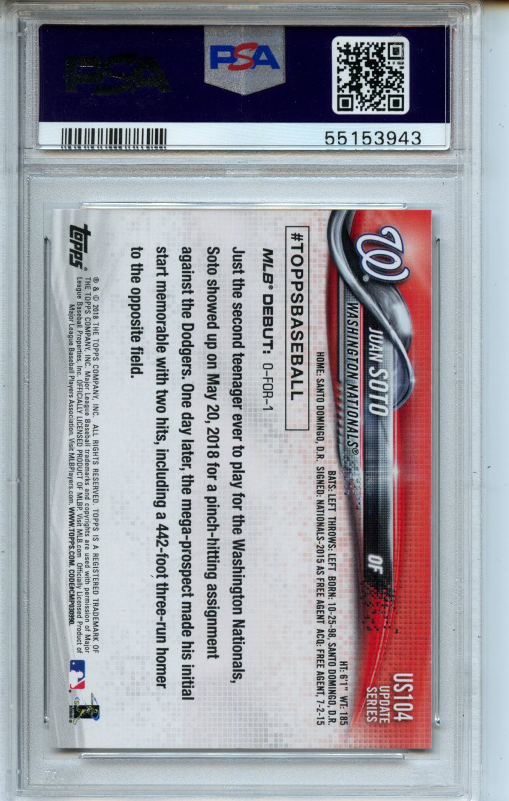 2018 Topps Update #US104 Juan Soto RC PSA 10
