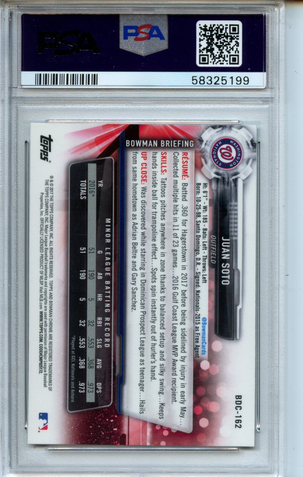 2017 Bowman Draft #BDC162 Juan Soto Chrome PSA 10