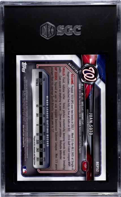 2018 Bowman Chrome Prospects #BCP52 Juan Soto Blue Shimmer Refractor SGC 10