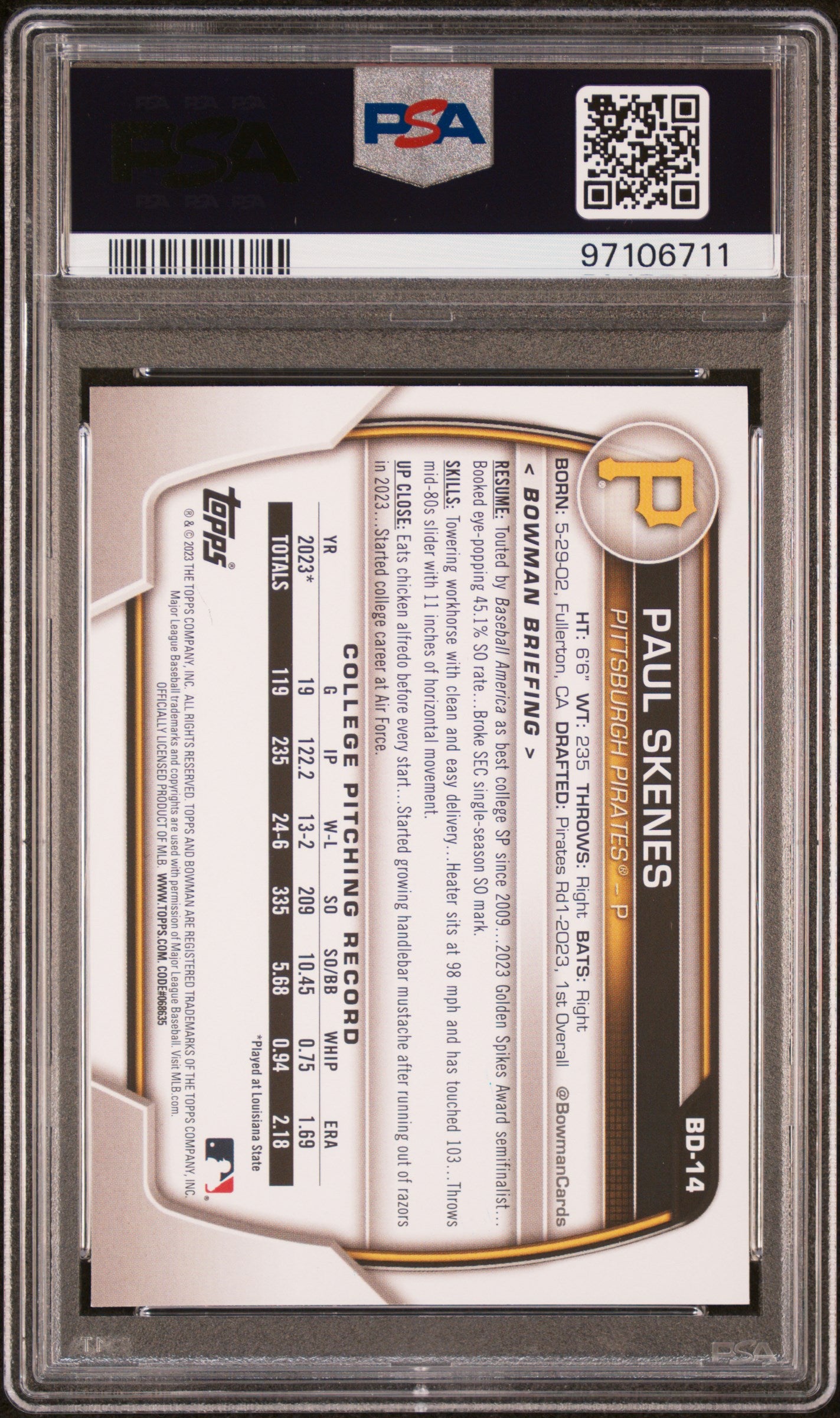 2023 Bowman Draft #BD14 Paul Skenes PSA 10