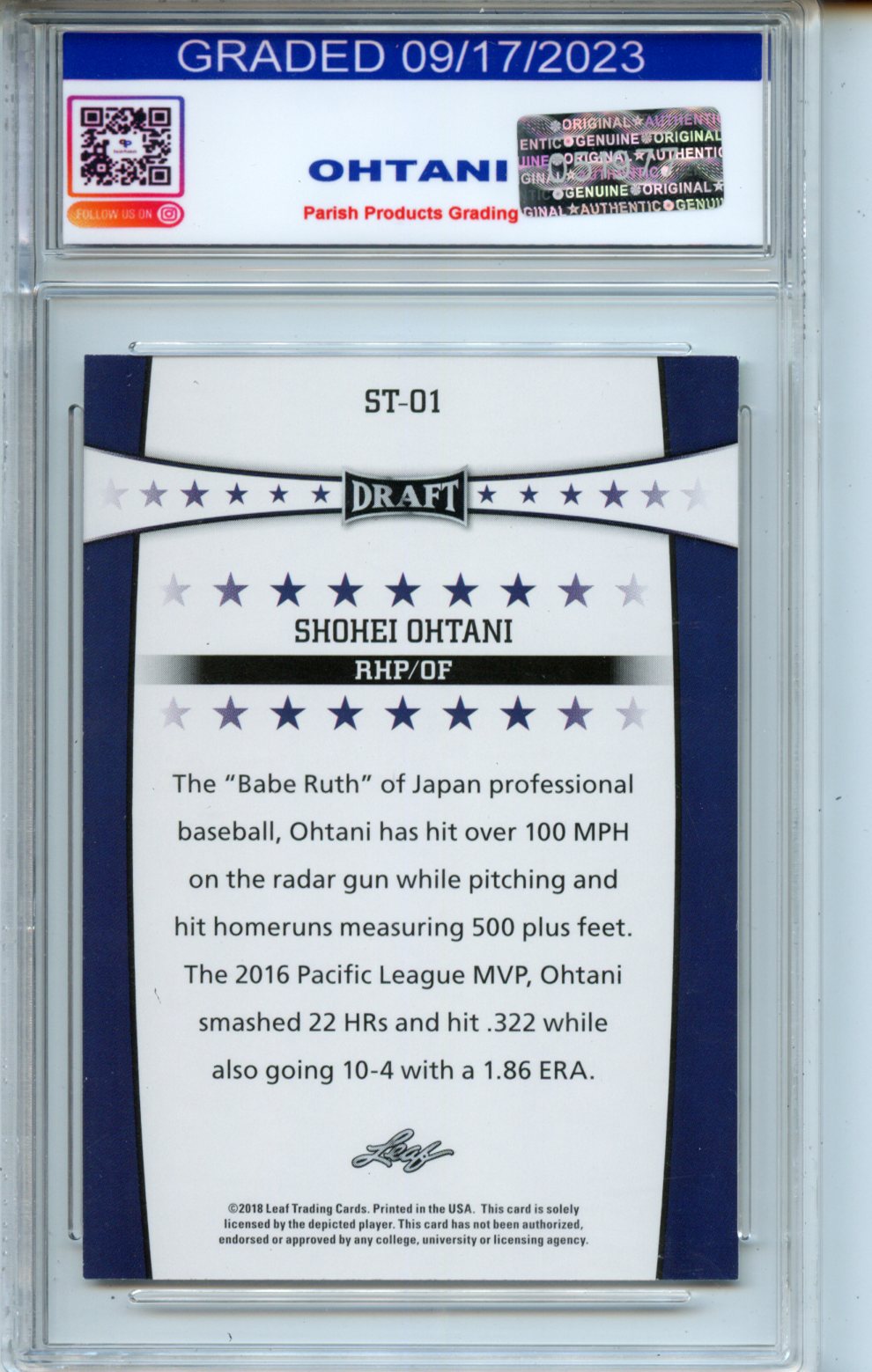 2018 Leaf Draft Year #ST-01 Shohei Ohtani RC Prish Products Grading 10