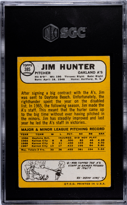 1968 Topps #385 Jim Hunter SGC 2