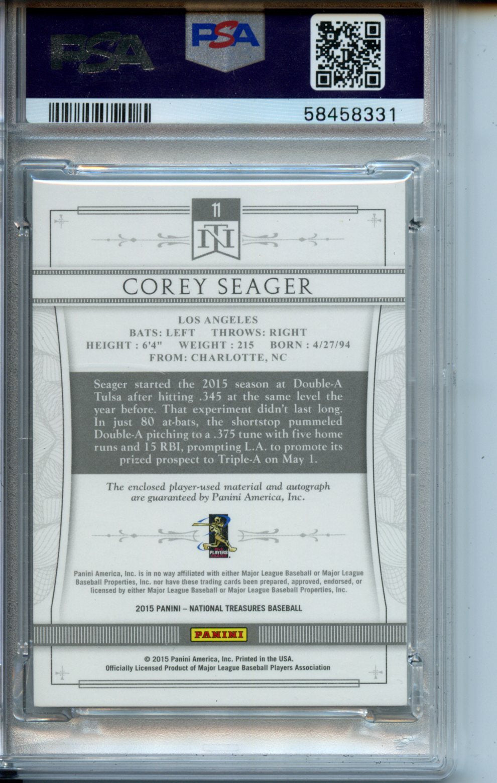 2015 Panini National Treasures Material Autographs #11 Corey Seager Silhouette Gold PSA 9