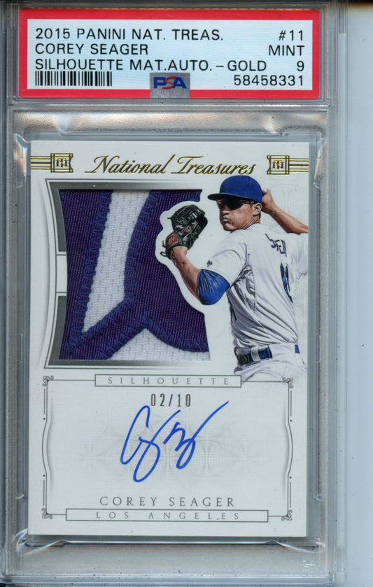 2015 Panini National Treasures Material Autographs #11 Corey Seager Silhouette Gold PSA 9