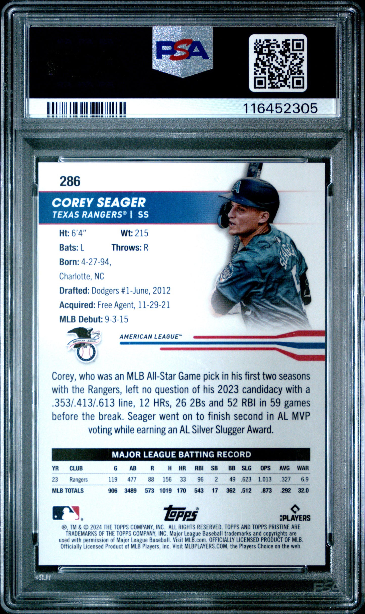 2024 Topps Pristine #286 Corey Seager Gold Refractor PSA 10