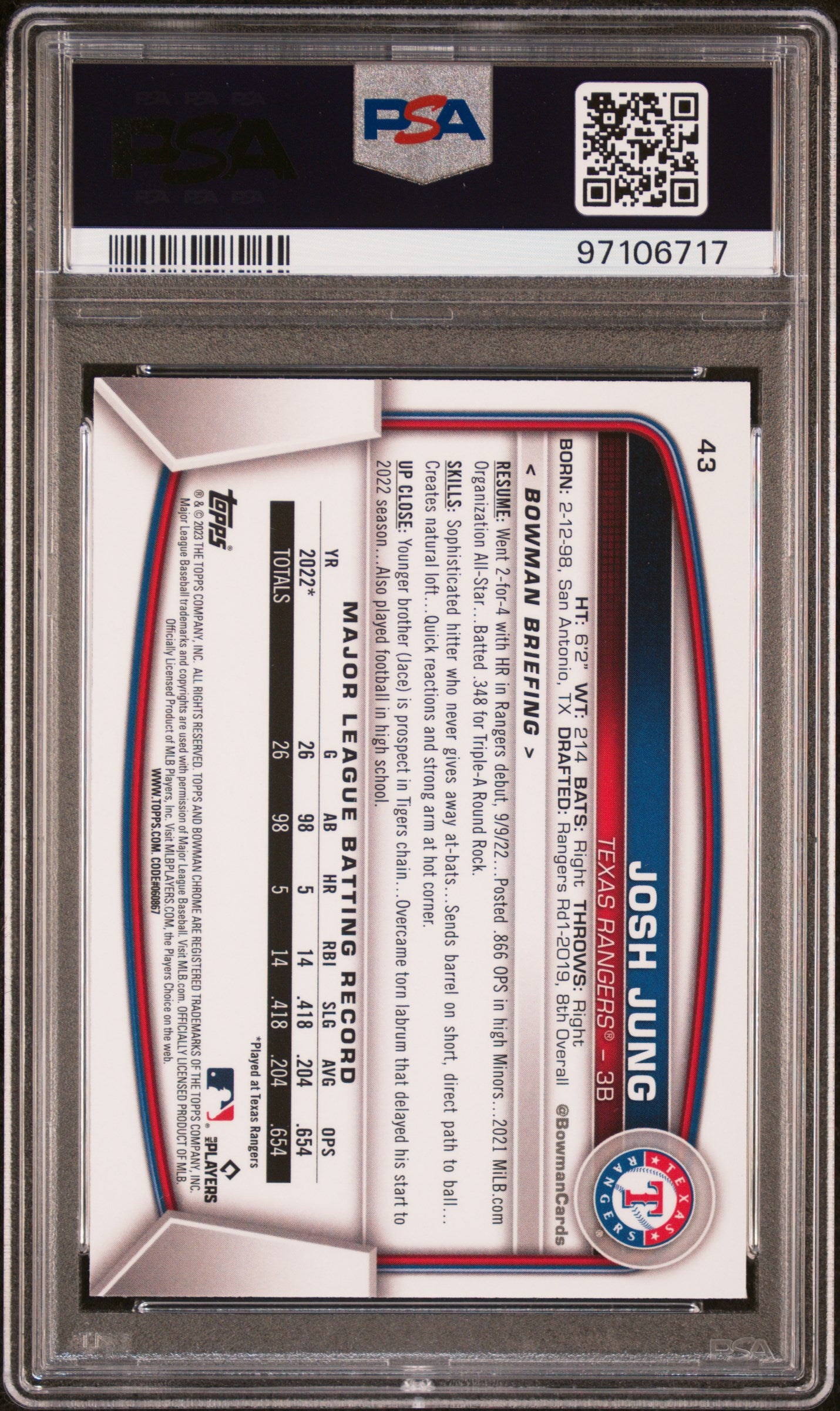 2023 Bowman Mega Box Chrome #43 Josh Jung Chrome RC PSA 10