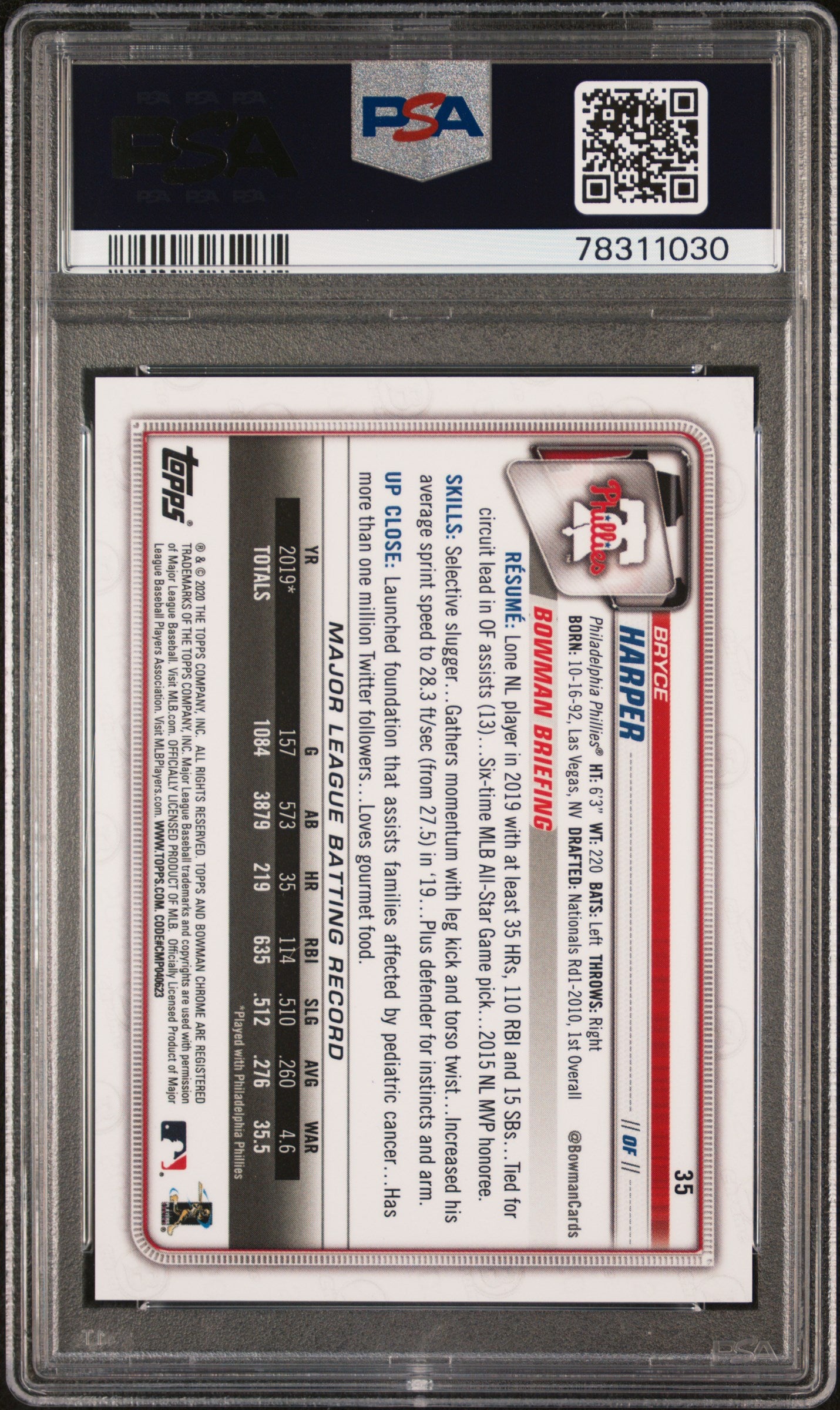 2020 Bowman Chrome #35 Bryce Harper Green Refractor PSA 9