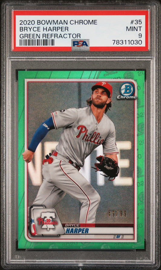2020 Bowman Chrome #35 Bryce Harper Green Refractor PSA 9