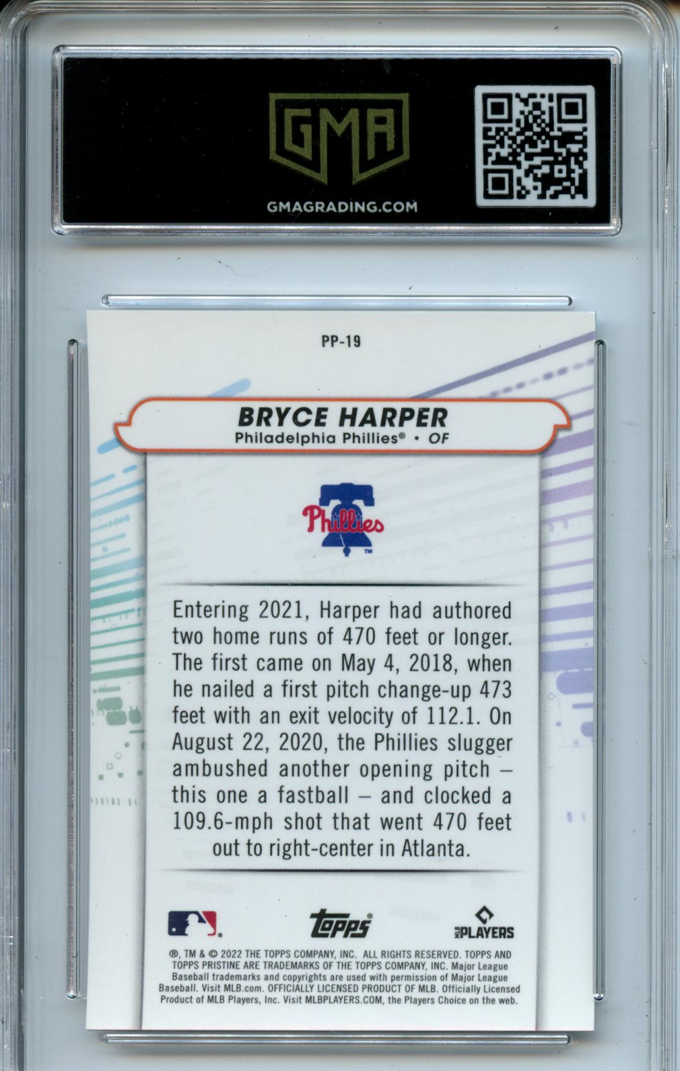 2022 Topps Pristine #PP-19 Bryce Harper Pure Power GMA 10