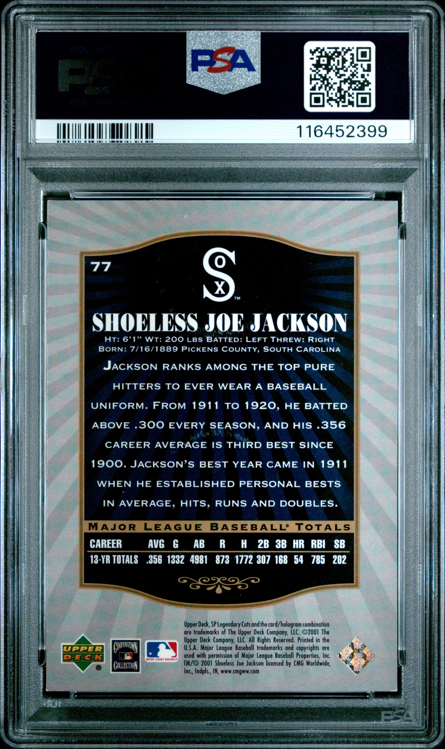 2001 Sp Legendary Cuts #77 Joe Jackson PSA 6