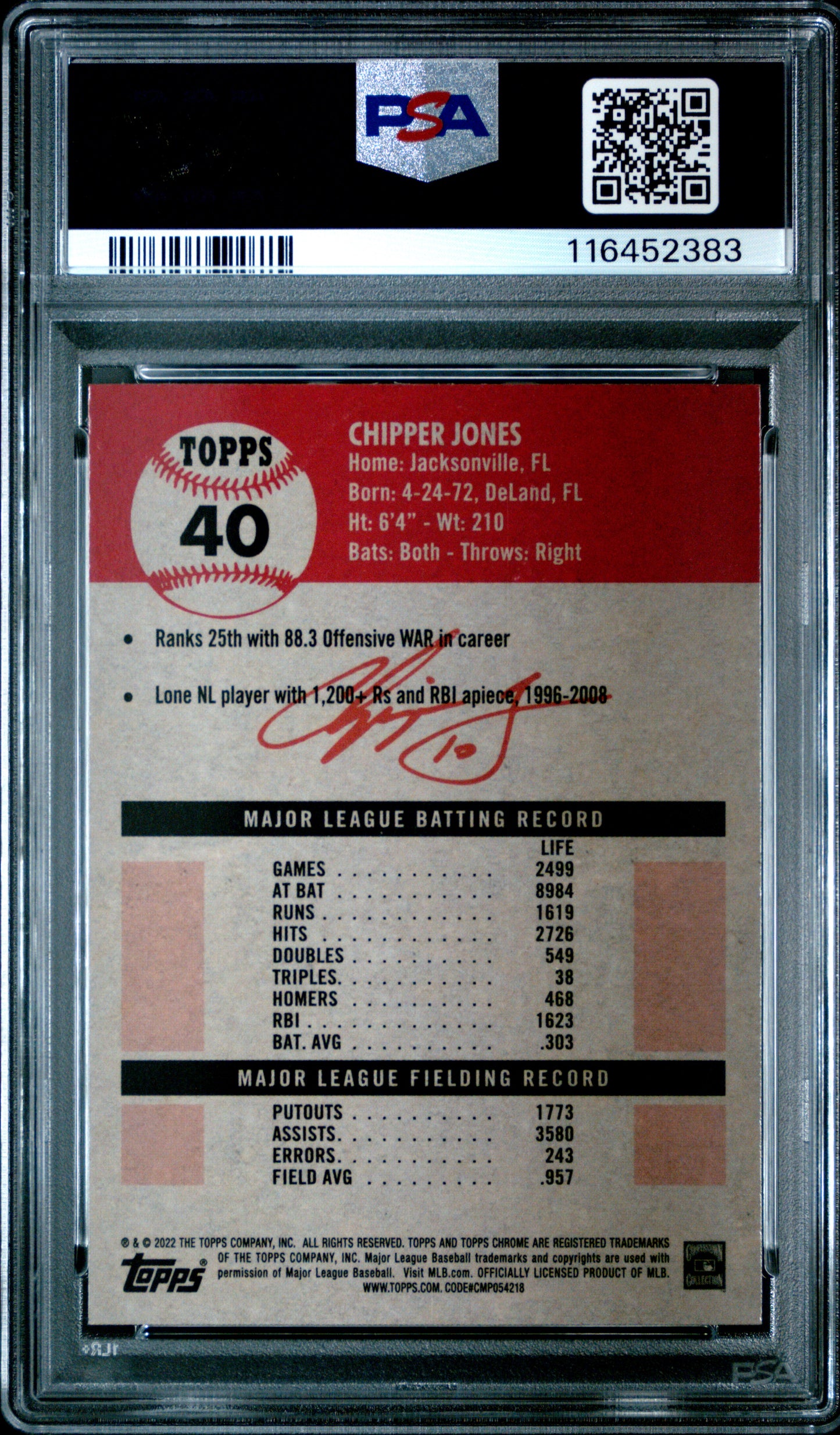 2022 Topps Chrome Platinum Anniversary #40 Chipper Jones PSA 9