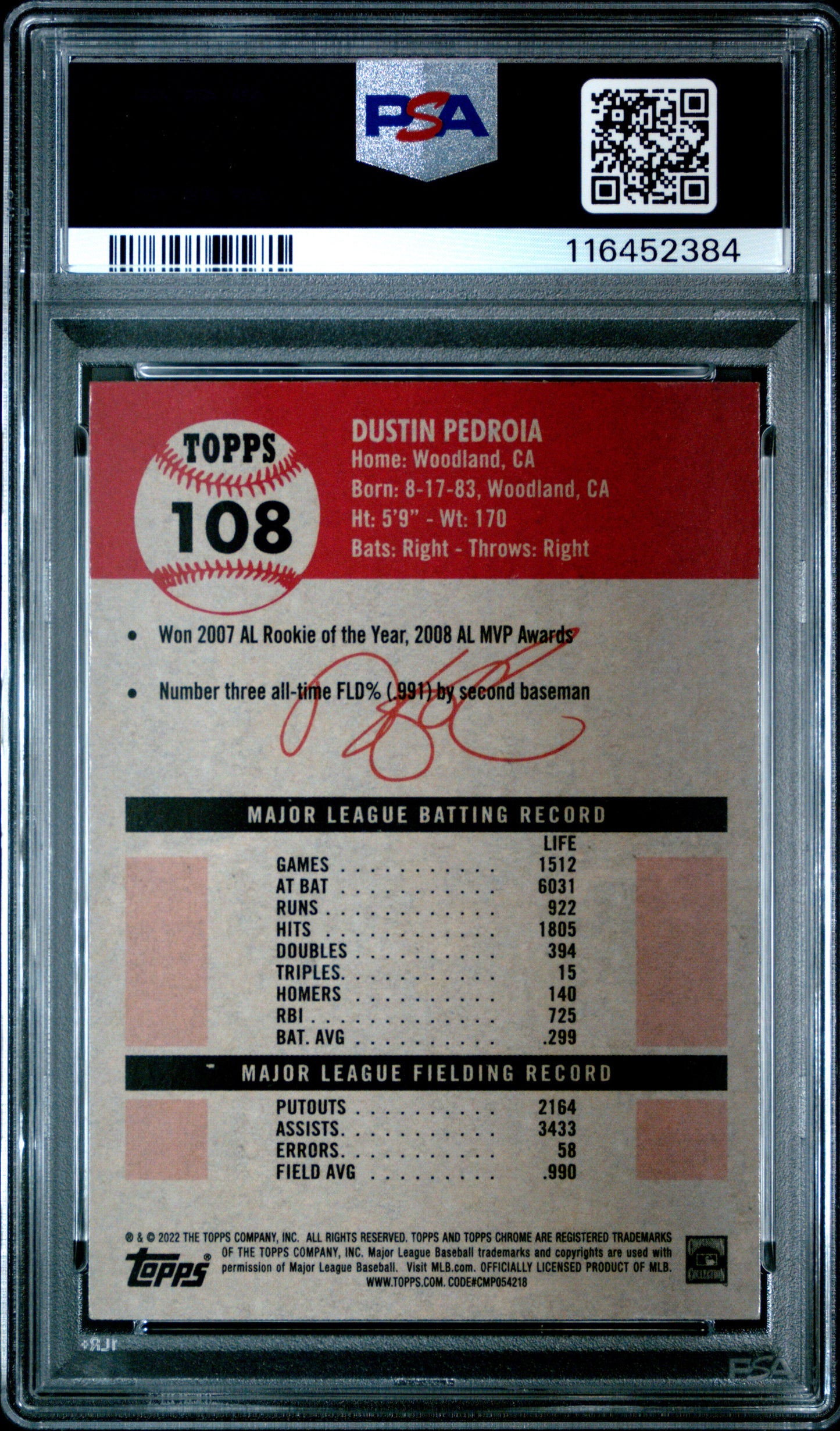 2022 Topps Chrome Platinum Anniversary #108 Dustin Pedroia PSA 9