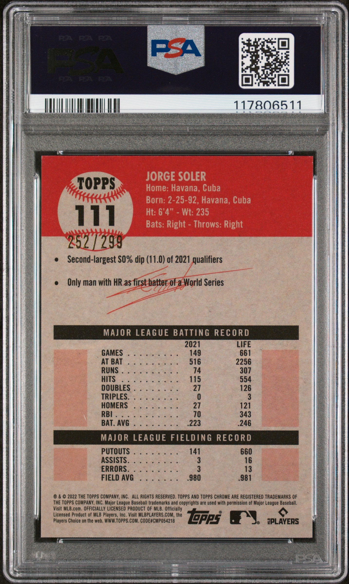 2022 Topps Chrome Platinum Anniversary #111 Jorge Soler Aqua Lava Refractor PSA 9