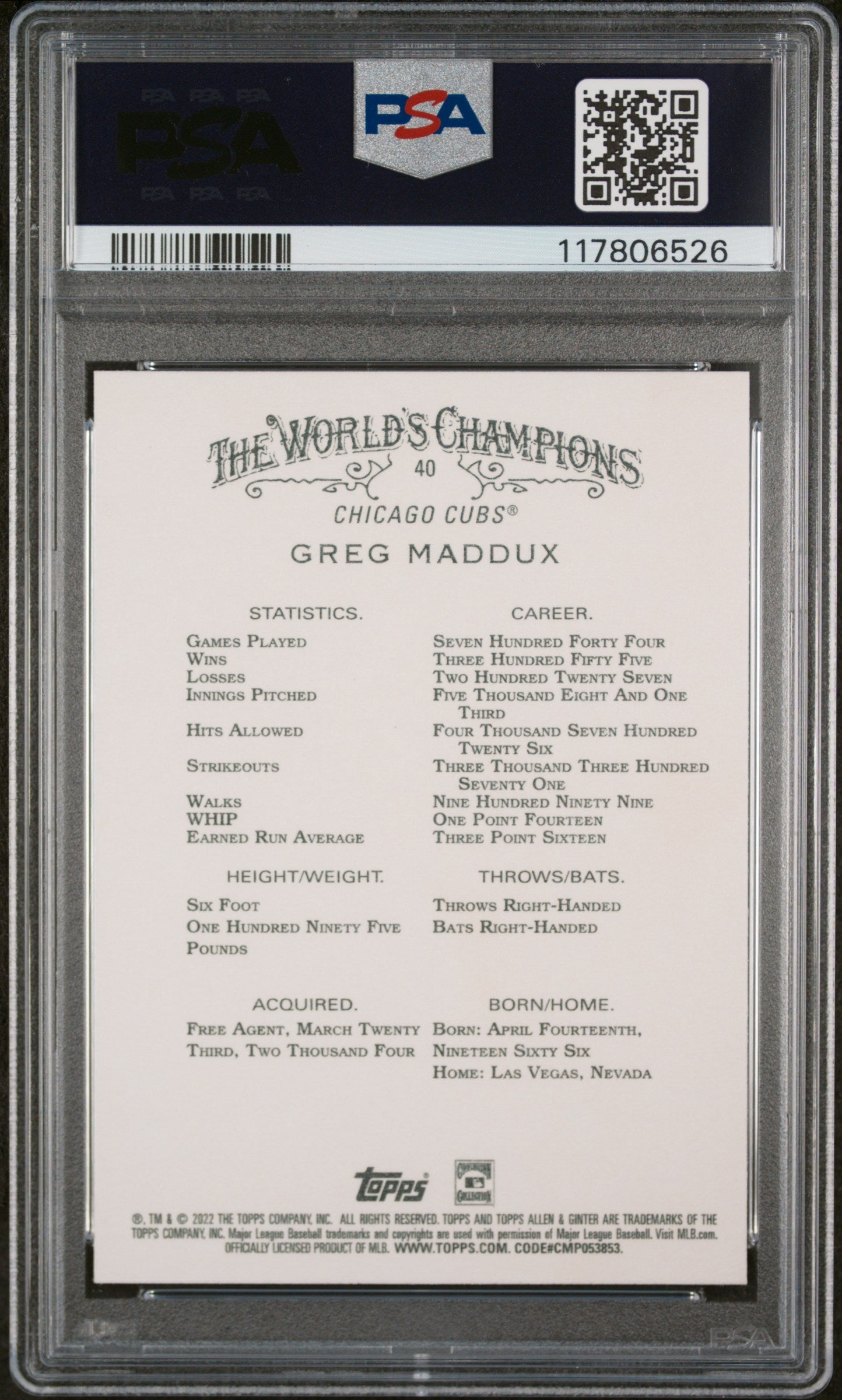 2022 Topps Allen & Ginter #40 Greg Maddux PSA 10