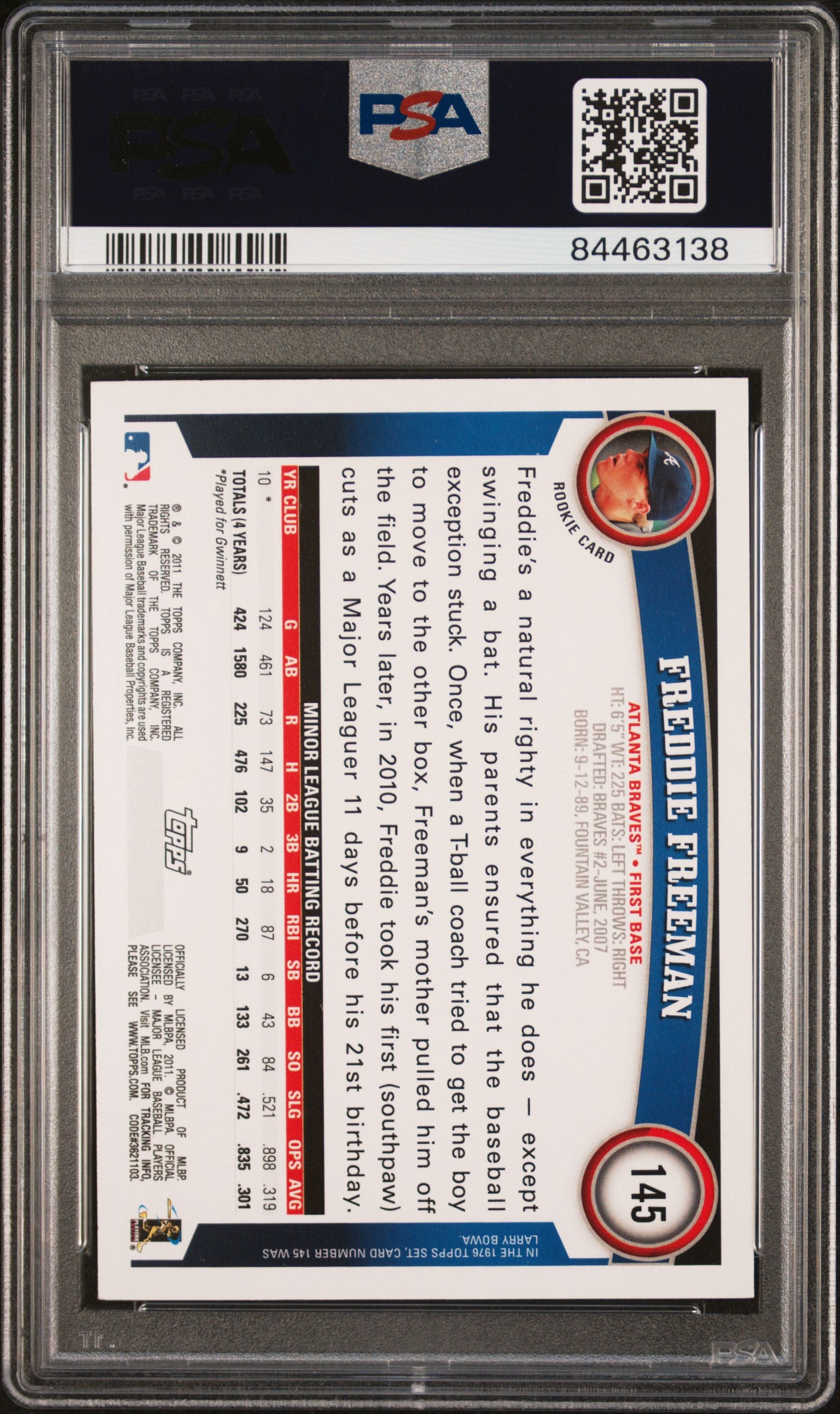 2011 Topps #145 Freddie Freeman RC PSA 8