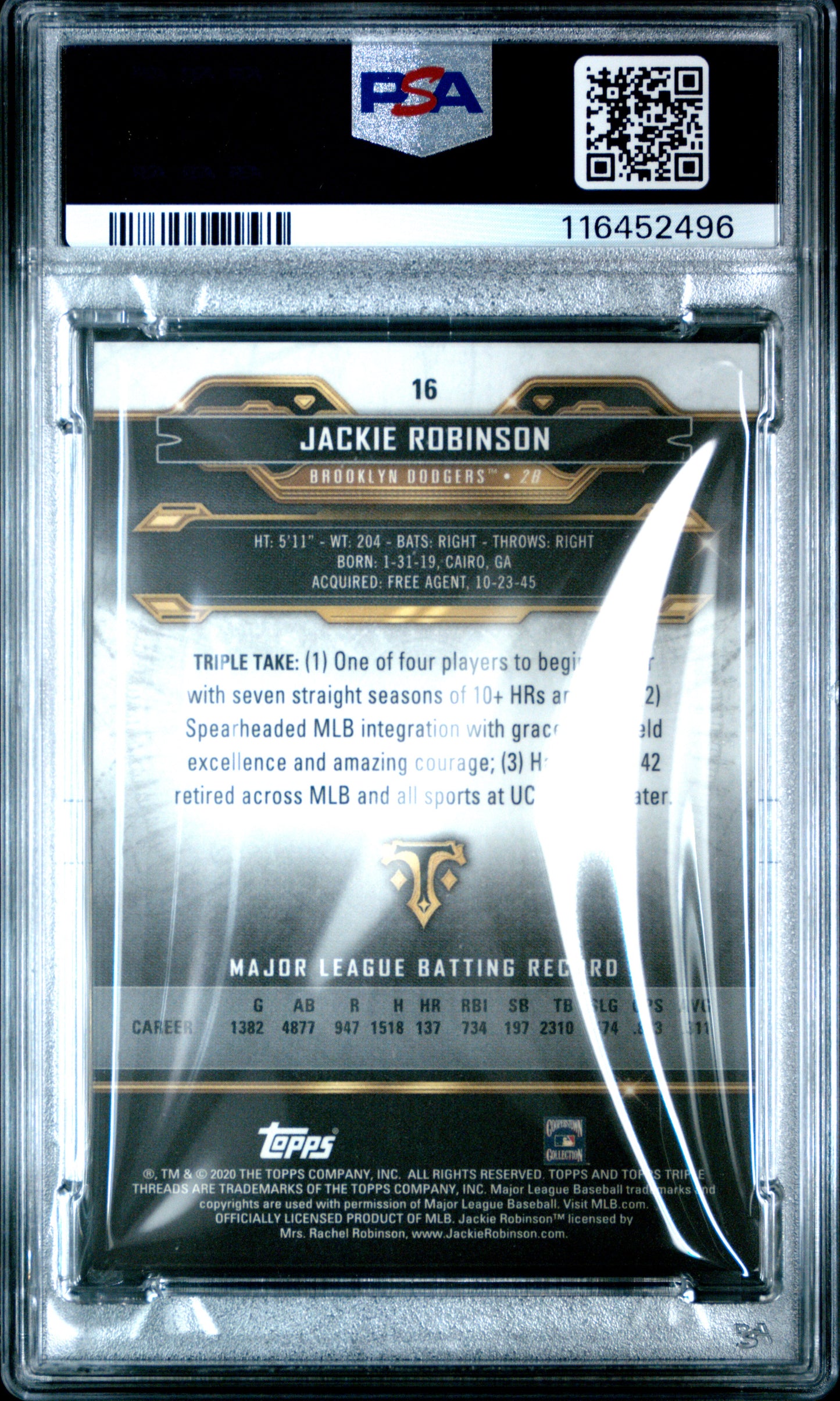 2020 Topps Triple Threads #16 Jackie Robinson Gold PSA 8
