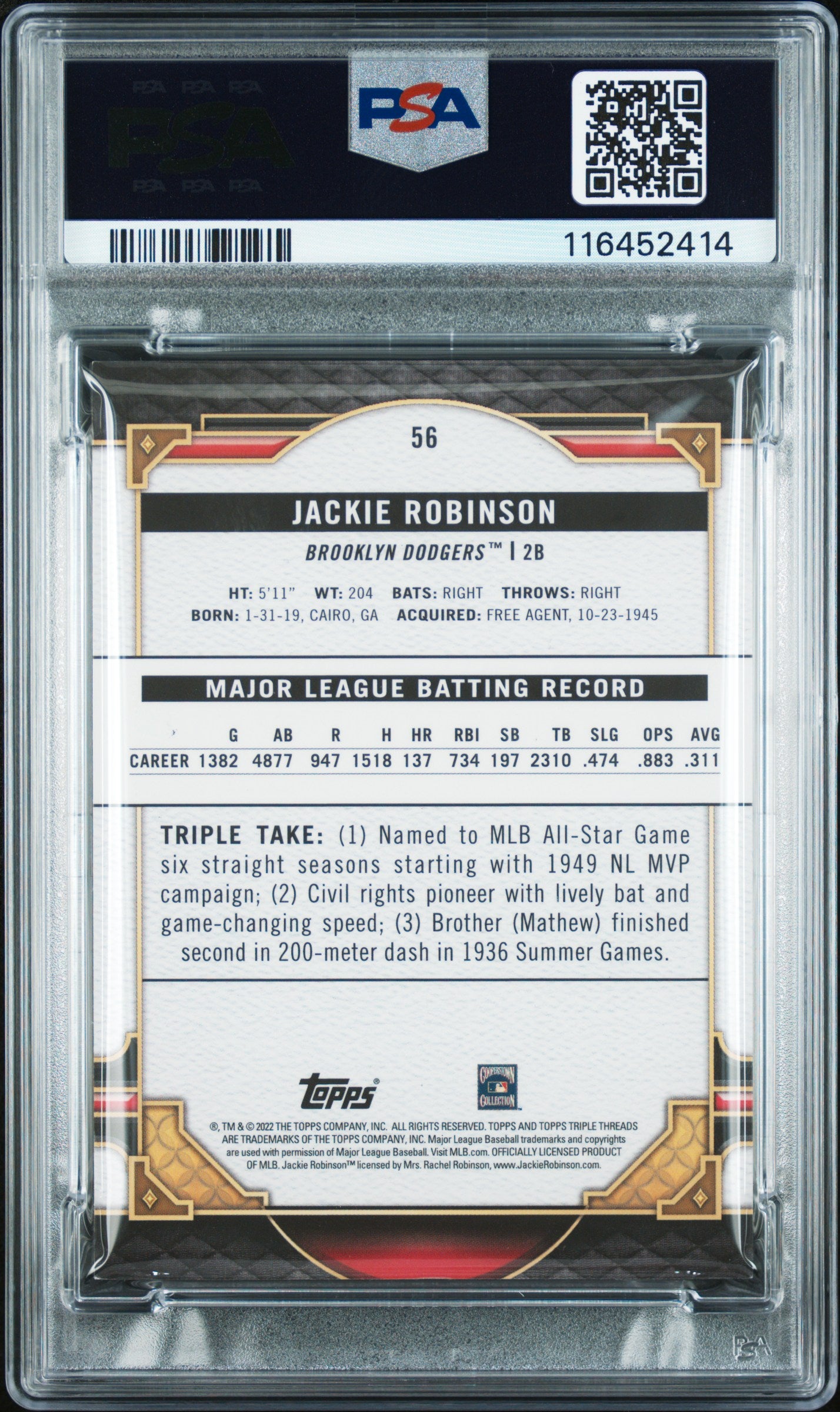 2022 Topps Triple Threads #56 Jackie Robinson Amber PSA 8