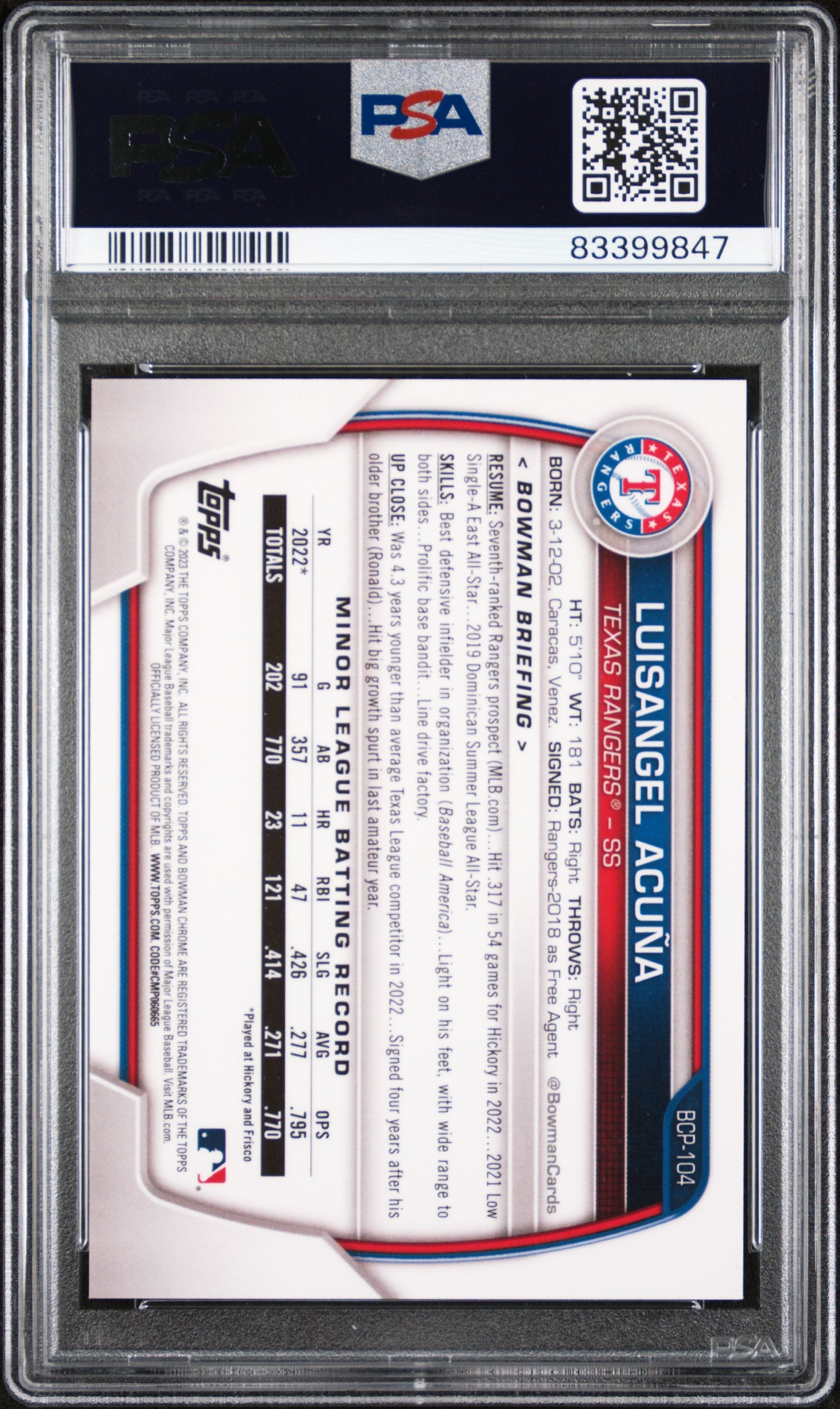 2023 Bowman Chrome Prospects #BCP104 Luisangel Acuna Refractor PSA 10 09/10