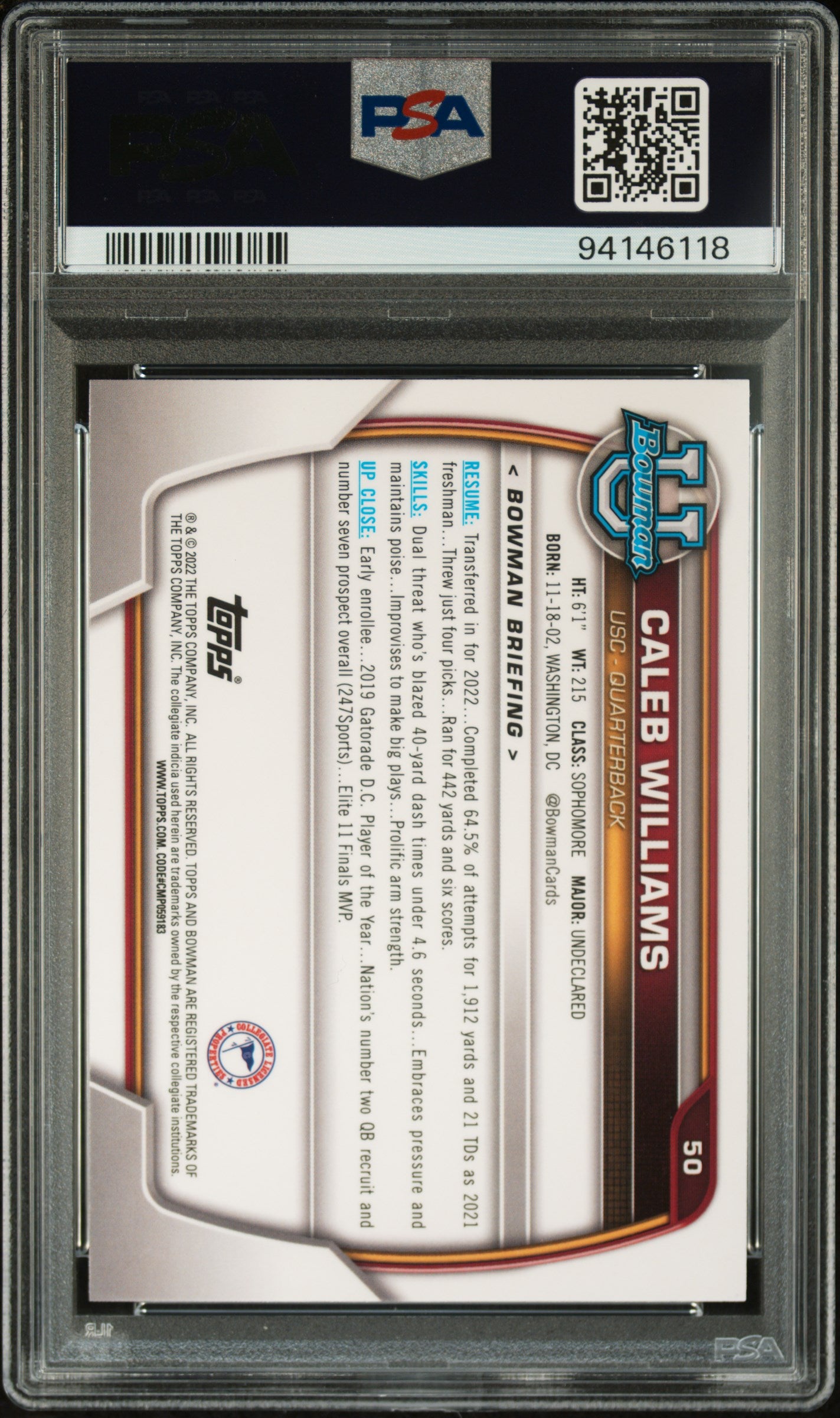 2022 Bowman University #50 Caleb Williams Chrome Prospects PSA 10