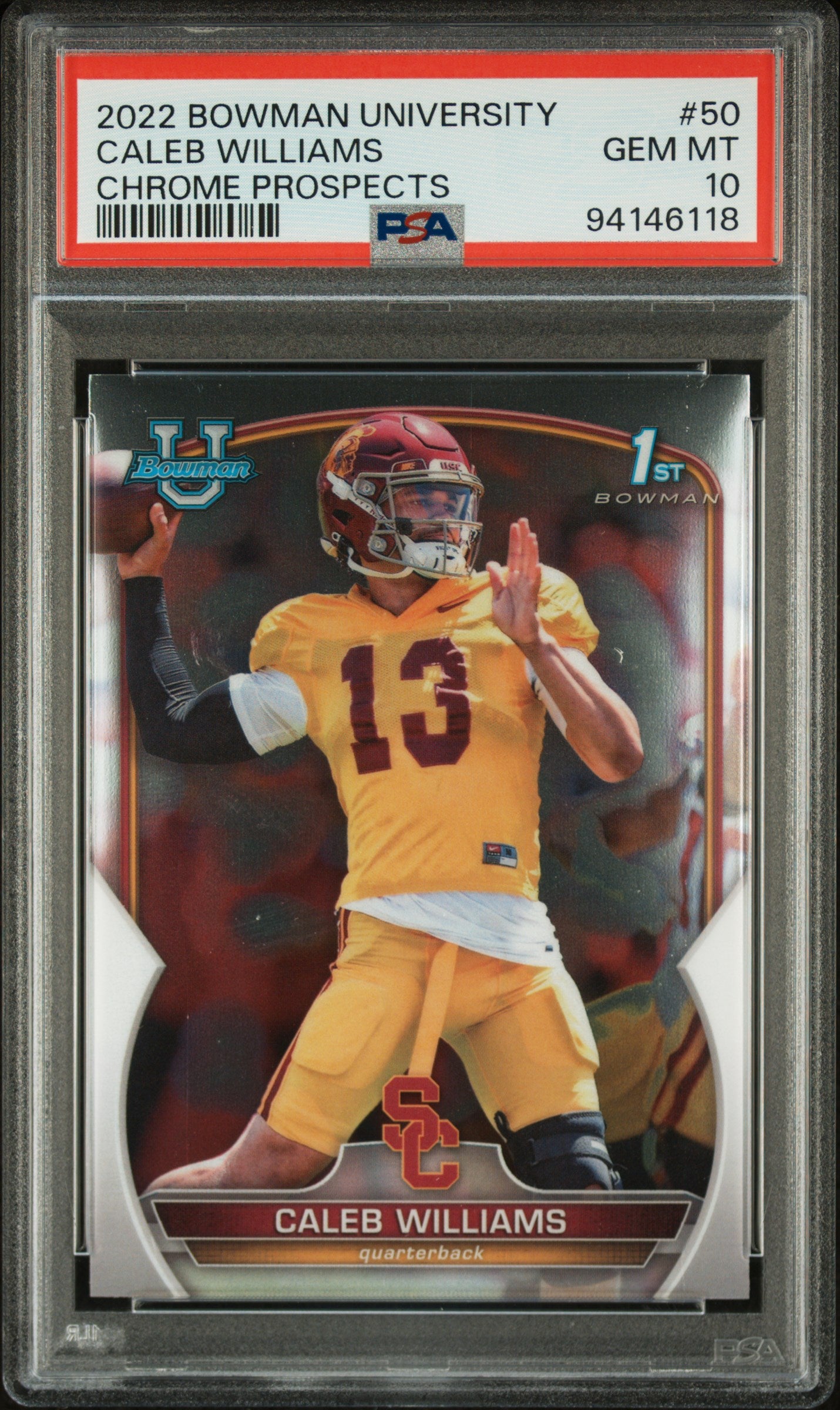 2022 Bowman University #50 Caleb Williams Chrome Prospects PSA 10