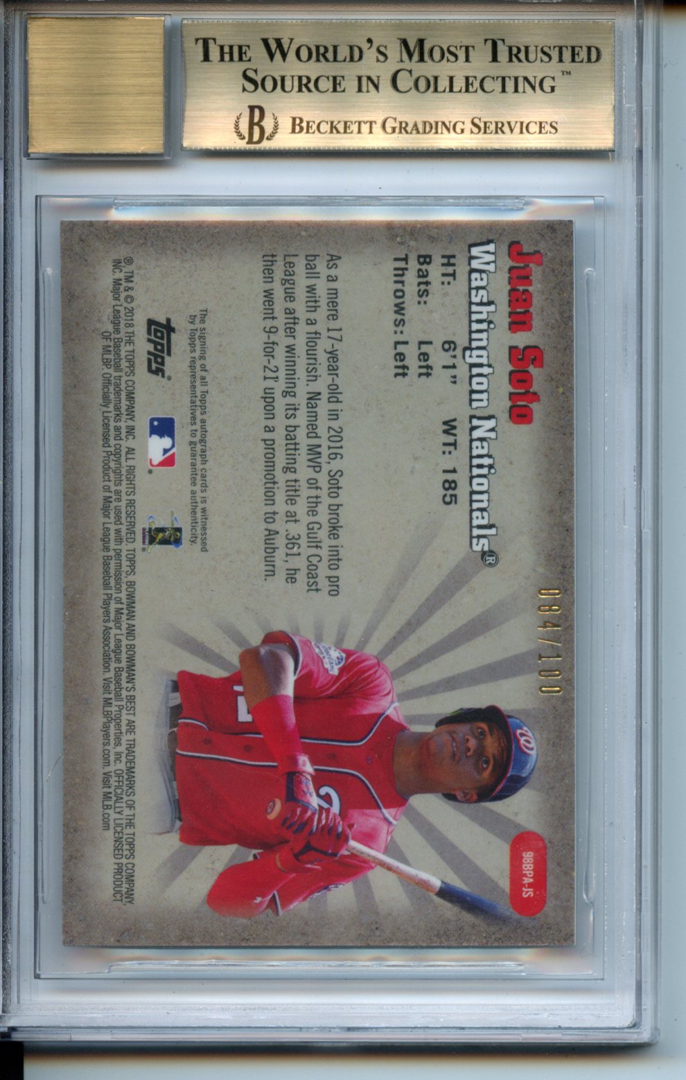 2018 Bowman's Best '98 Best Performers #98BPAJS Juan Soto RC 084/100 BGS 9.5-9