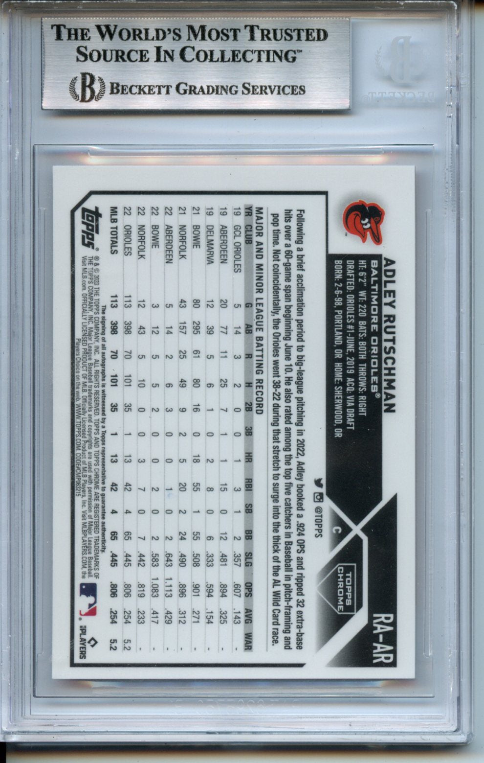 2023 Topps Chrome Autographs Orange Wave Refractors #RAAR Adley Rutschman RC BGS 9 17/25