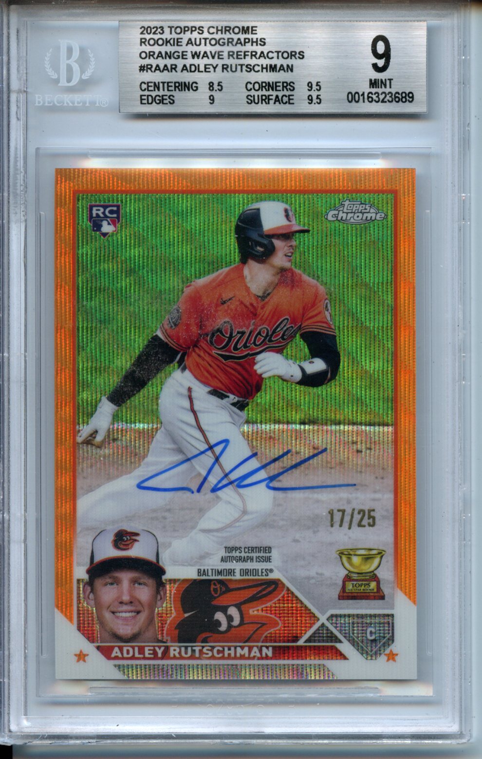 2023 Topps Chrome Autographs Orange Wave Refractors #RAAR Adley Rutschman RC BGS 9 17/25