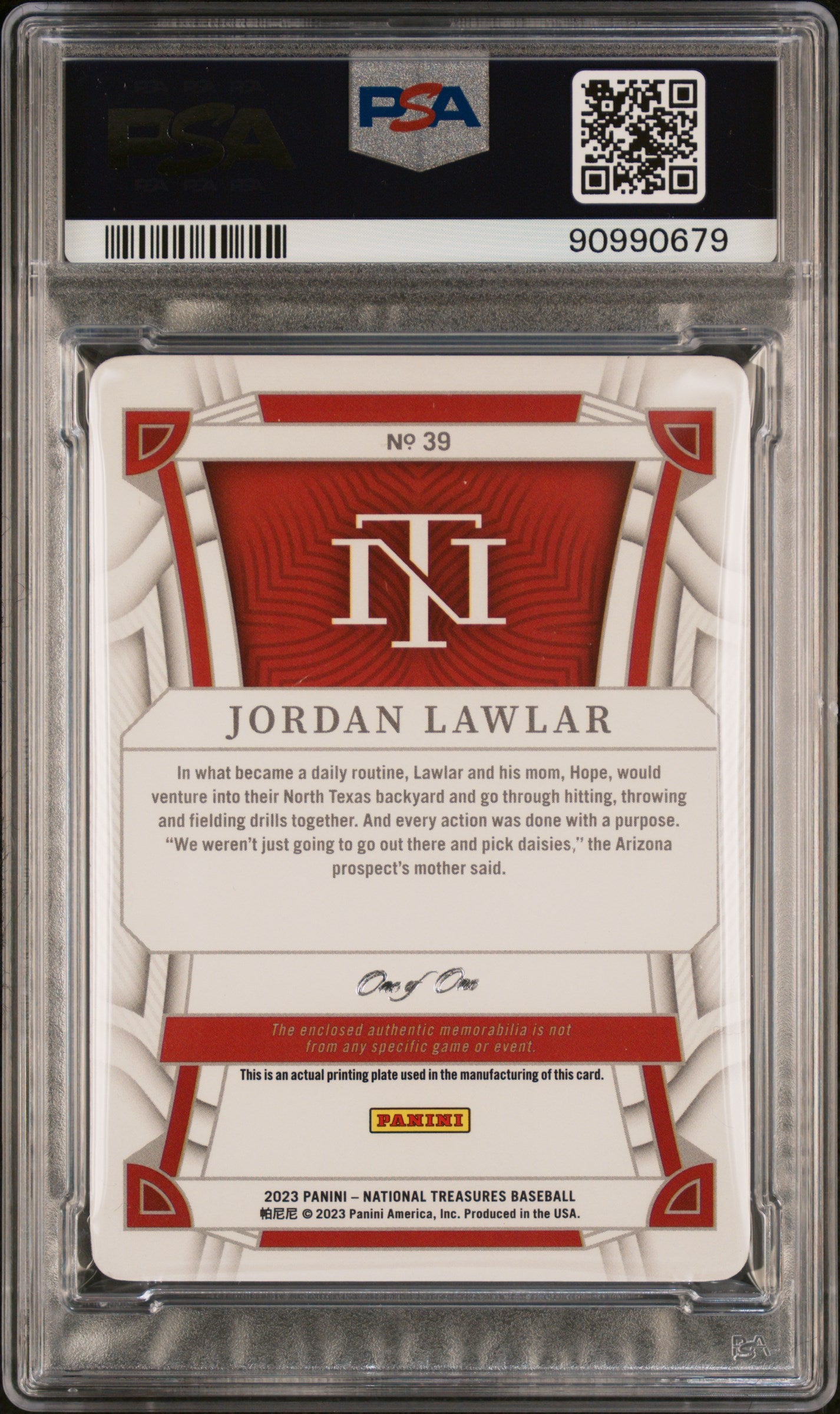 2023 Panini National Treasures #39 Jordan Lawlar Memory Yellow Print Plate 1/1 PSA 8