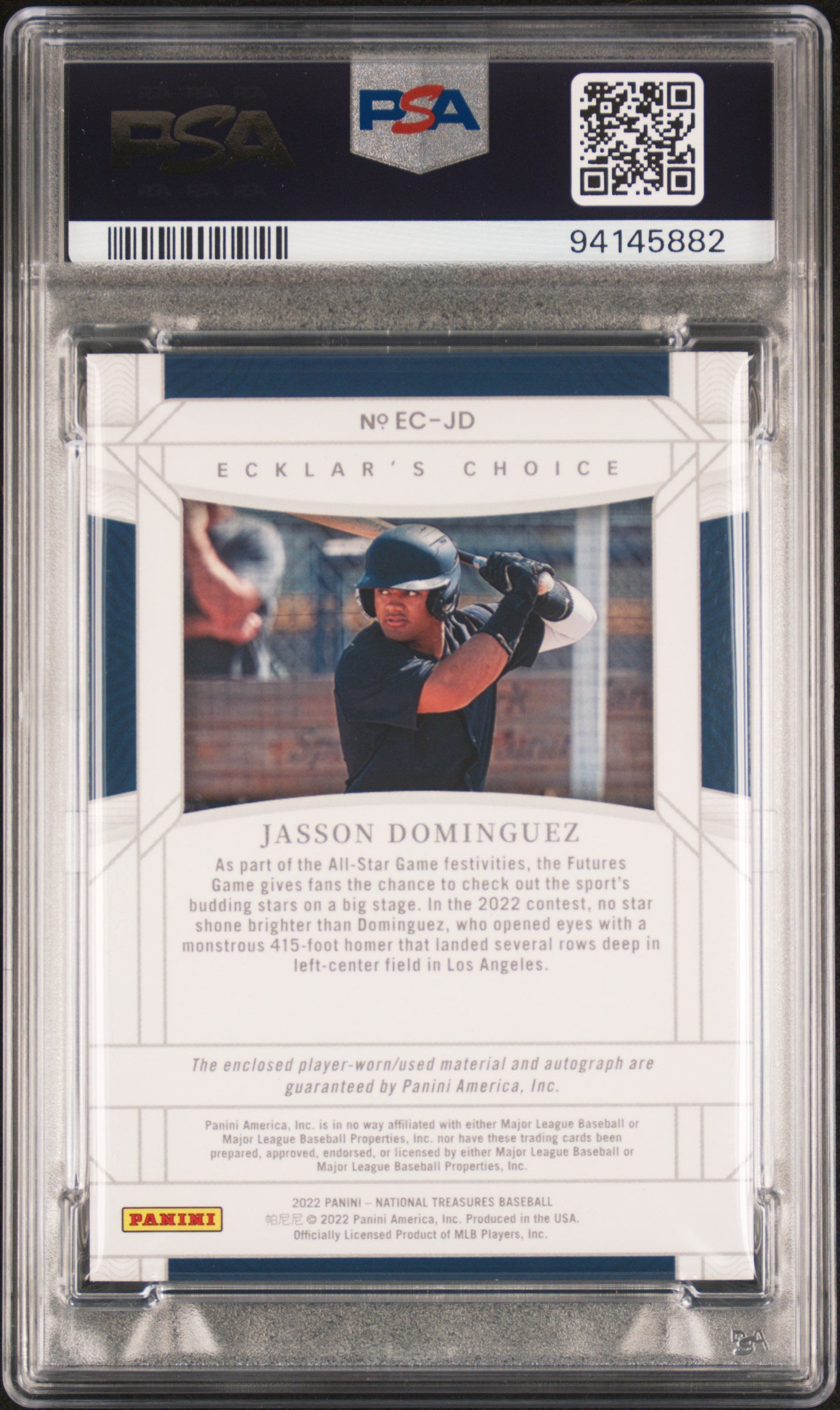 2022 Panini National Treasures Ecklar'S Choice Relic Autographs HL #JD Jasson Dominguez Silver PSA 9-10