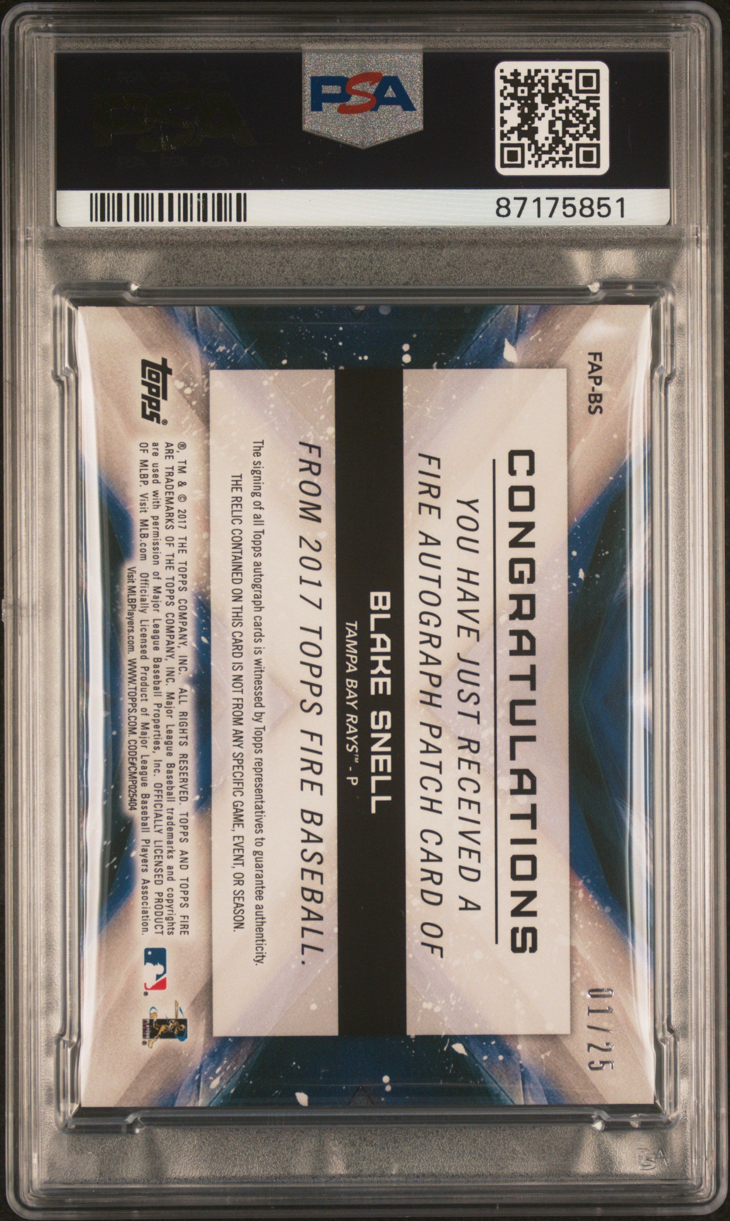 2017 Topps Fire Autograph Patch #FAPBS Blake Snell 01/25 PSA 10-10