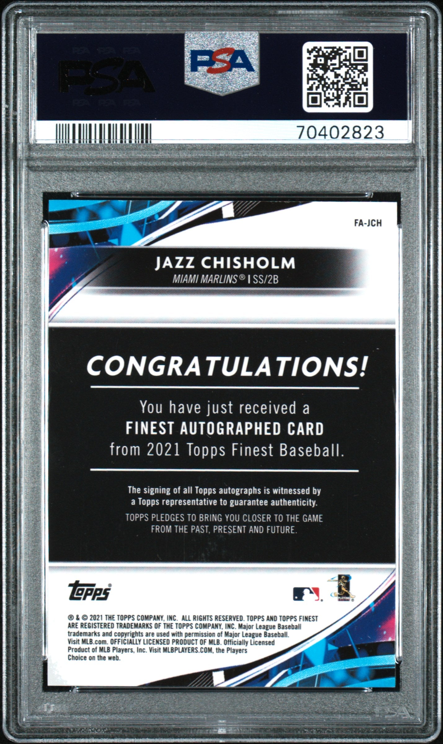 2021 Topps Finest Autographs #JCH Jazz Chisholm 08/99 RC Green Refractor PSA 10