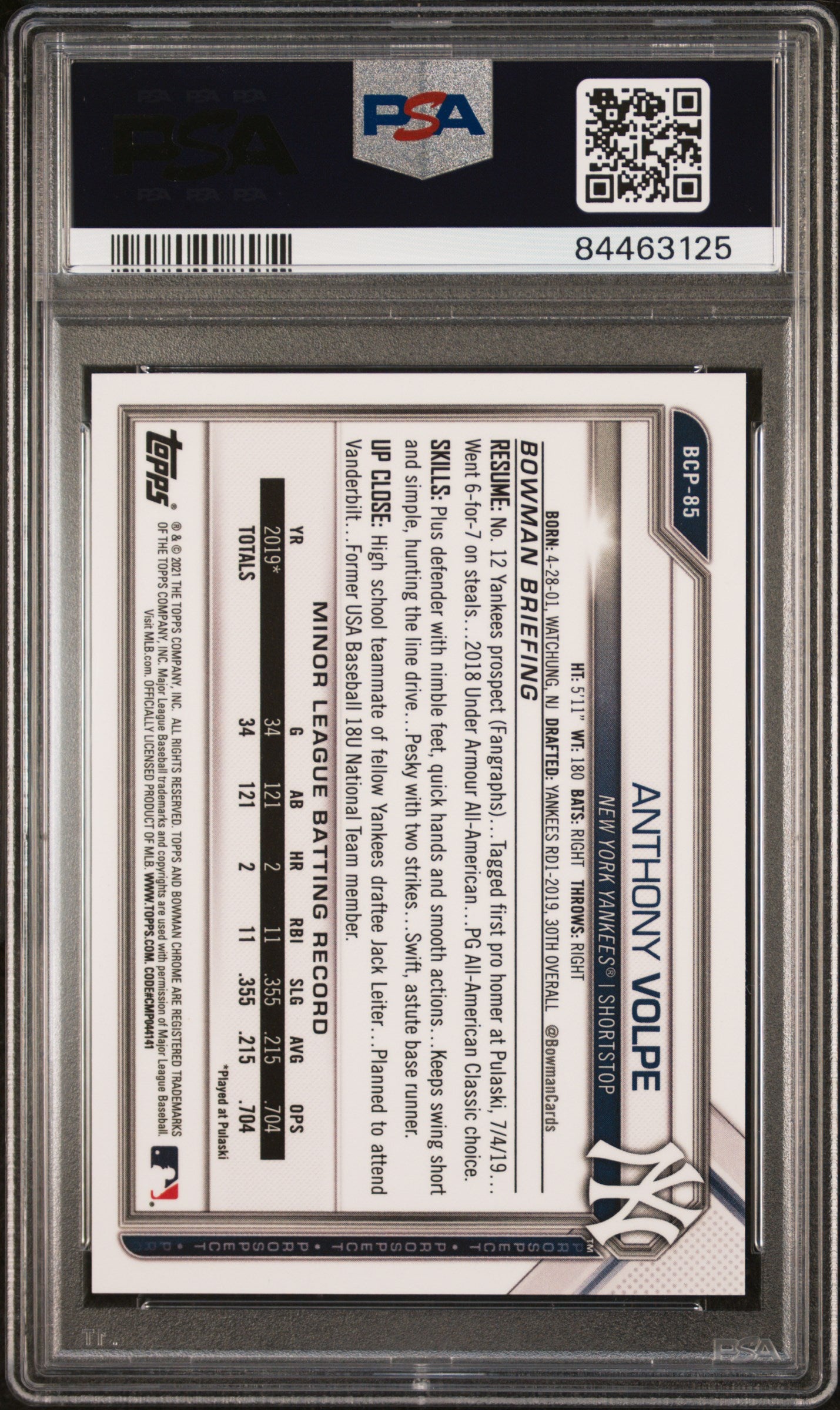 2021 Bowman Chrome Prospects #BCP85 Anthony Volpe 38/99 Green Shimmer Refractor PSA 10