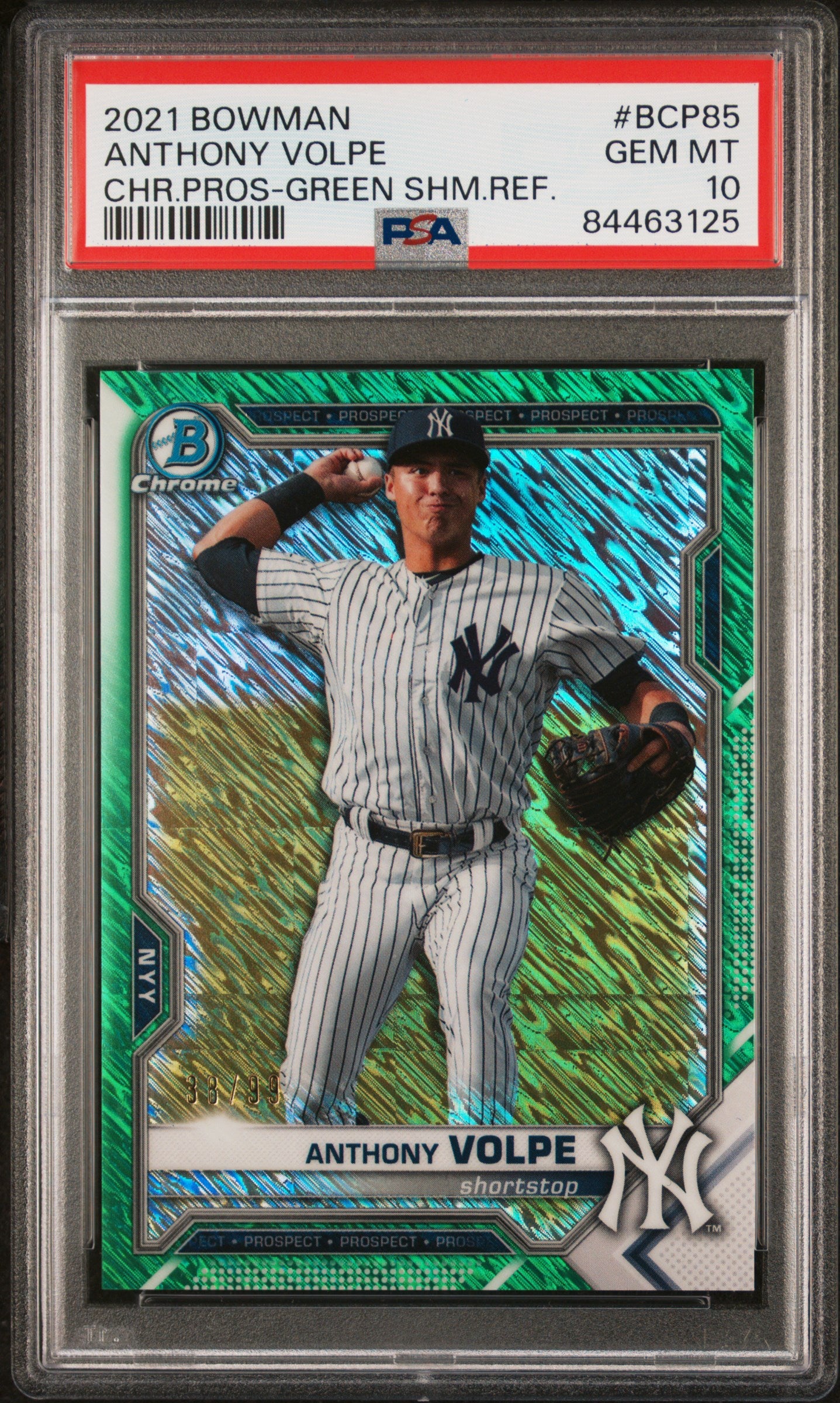 2021 Bowman Chrome Prospects #BCP85 Anthony Volpe 38/99 Green Shimmer Refractor PSA 10