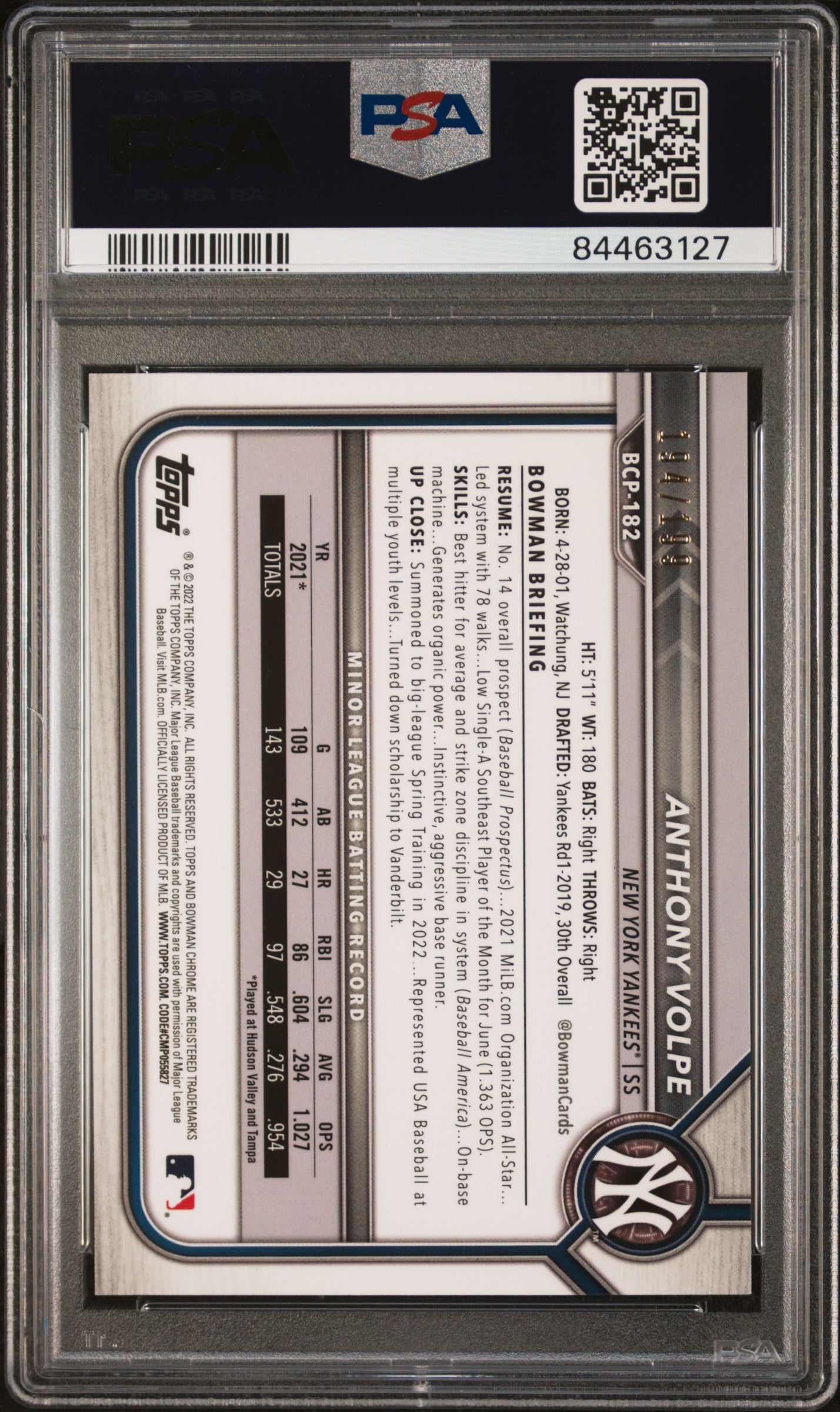 2022 Bowman Chrome Prospects #BCP182 Anthony Volpe FCHS/Pink Vapor Ref. PSA 8