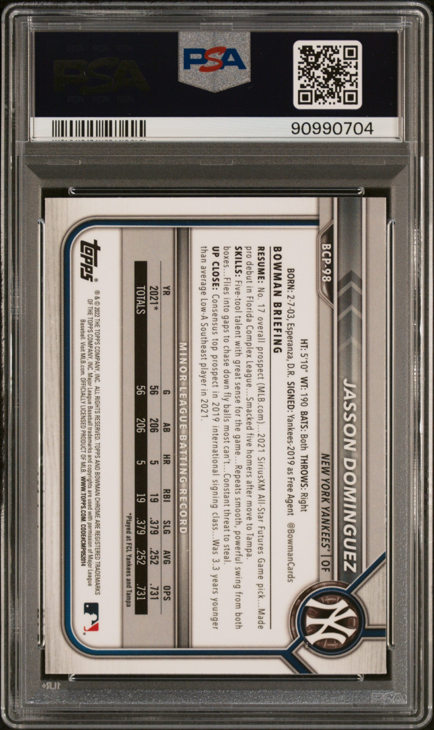 2022 Bowman Mega Box Chrome #98 Jasson Dominguez PSA 9