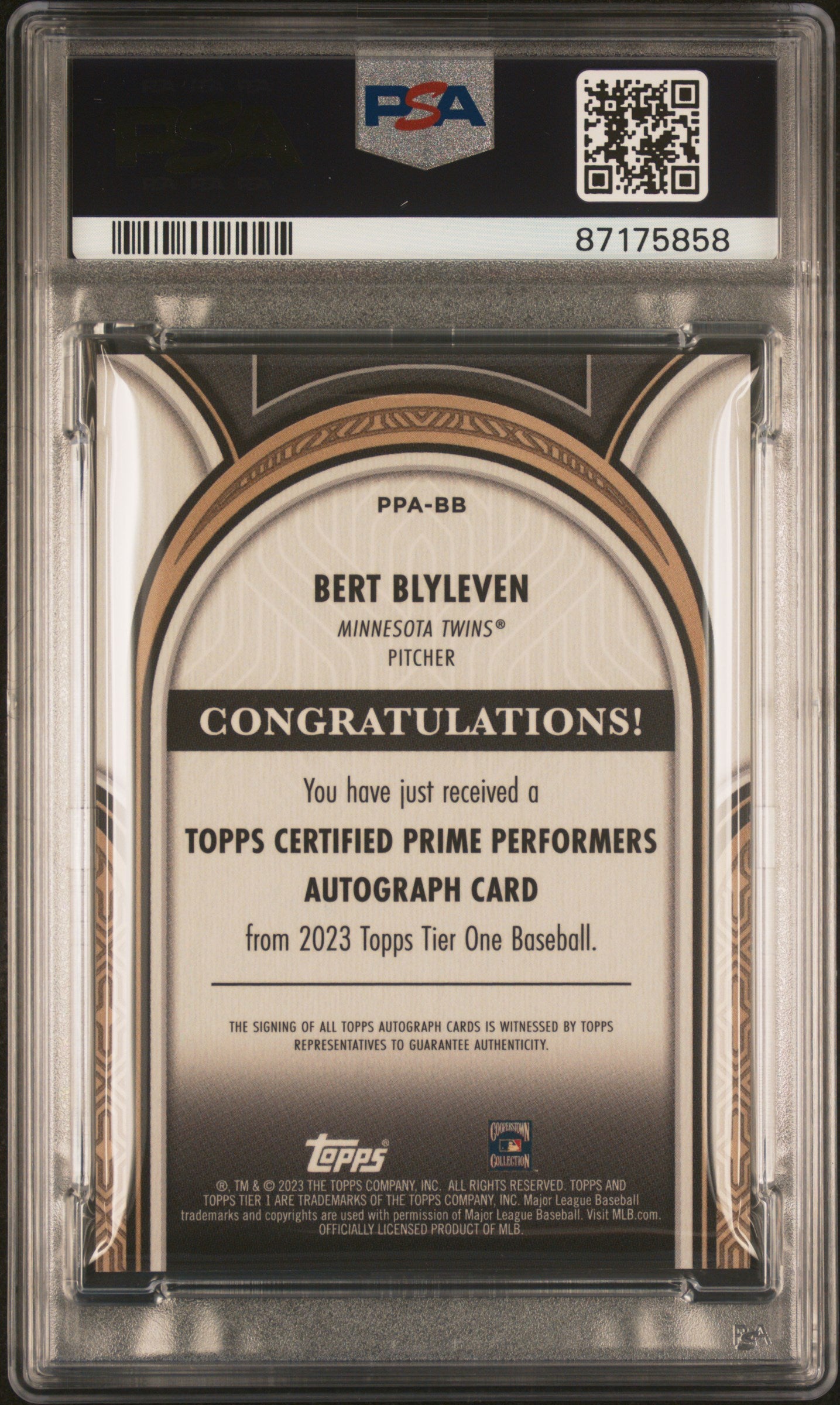 2023 Topps Tier One Prime Performers Autographs #PPABB Bert Blyleven 105/149 PSA 10-10