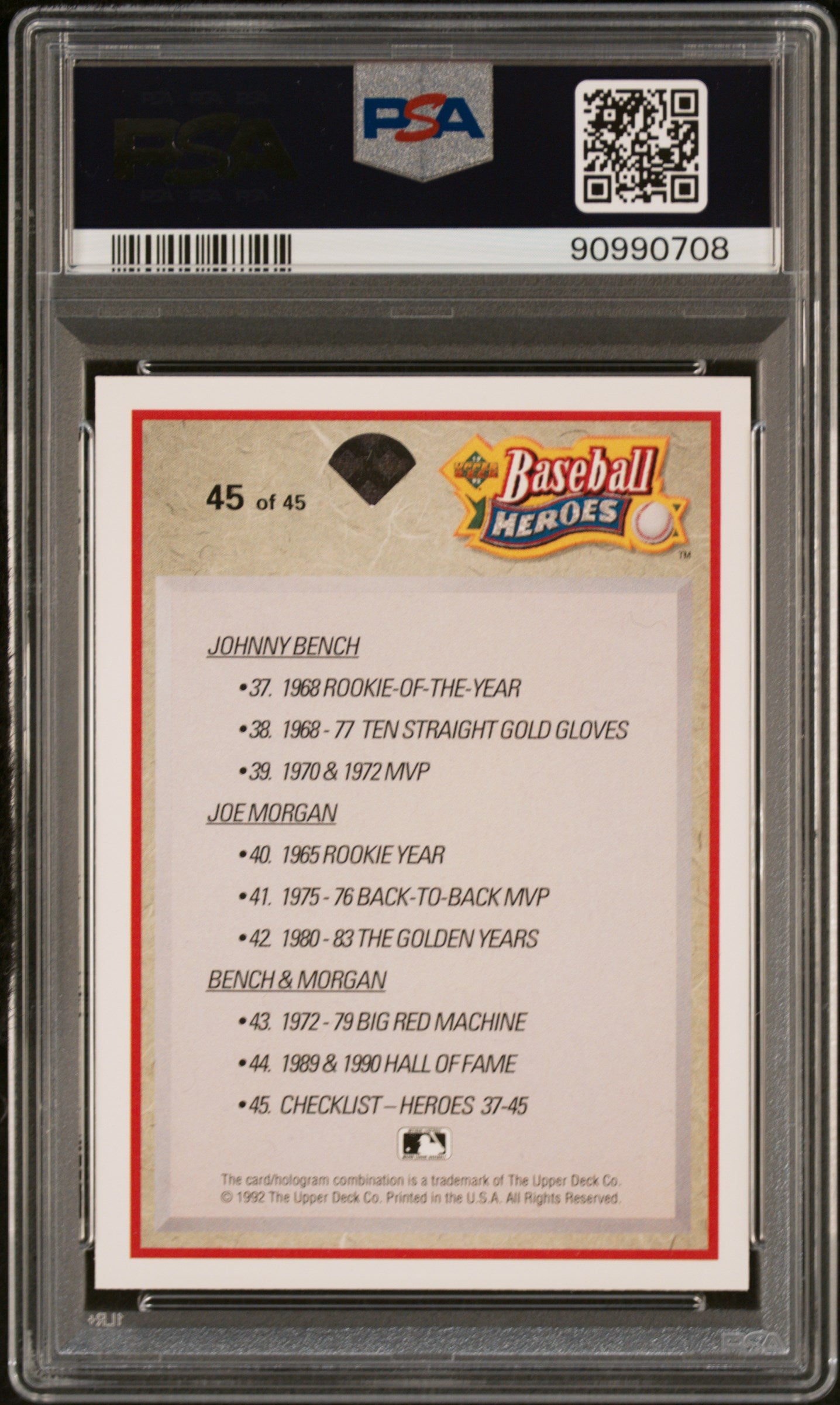1992 Upper Deck Heroes #45 J.Bench/J.Morgan Checklist PSA 8