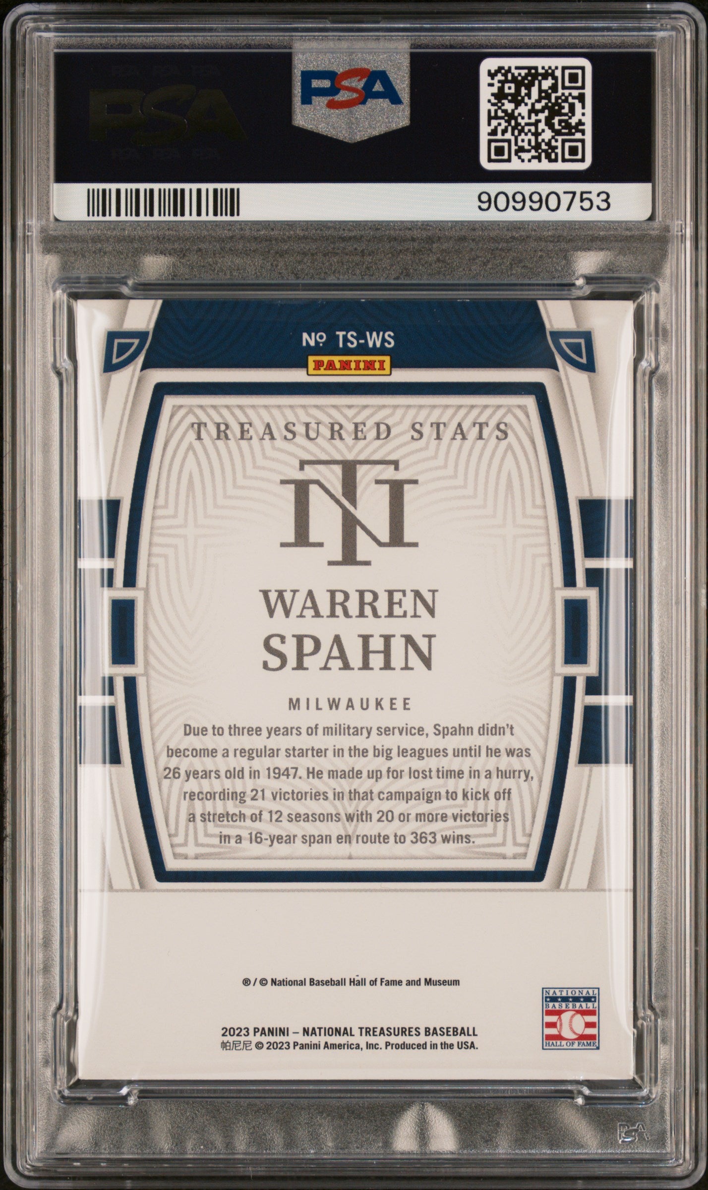 2023 Panini National Treasures Treasured Stats #WS Warren Spahn 69/99 PSA 8