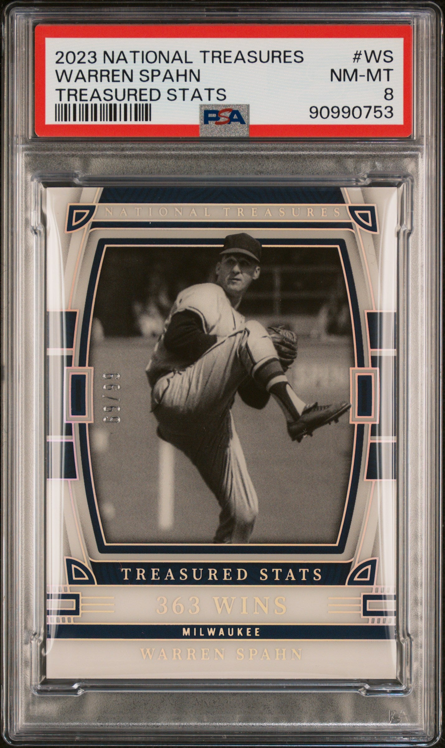 2023 Panini National Treasures Treasured Stats #WS Warren Spahn 69/99 PSA 8