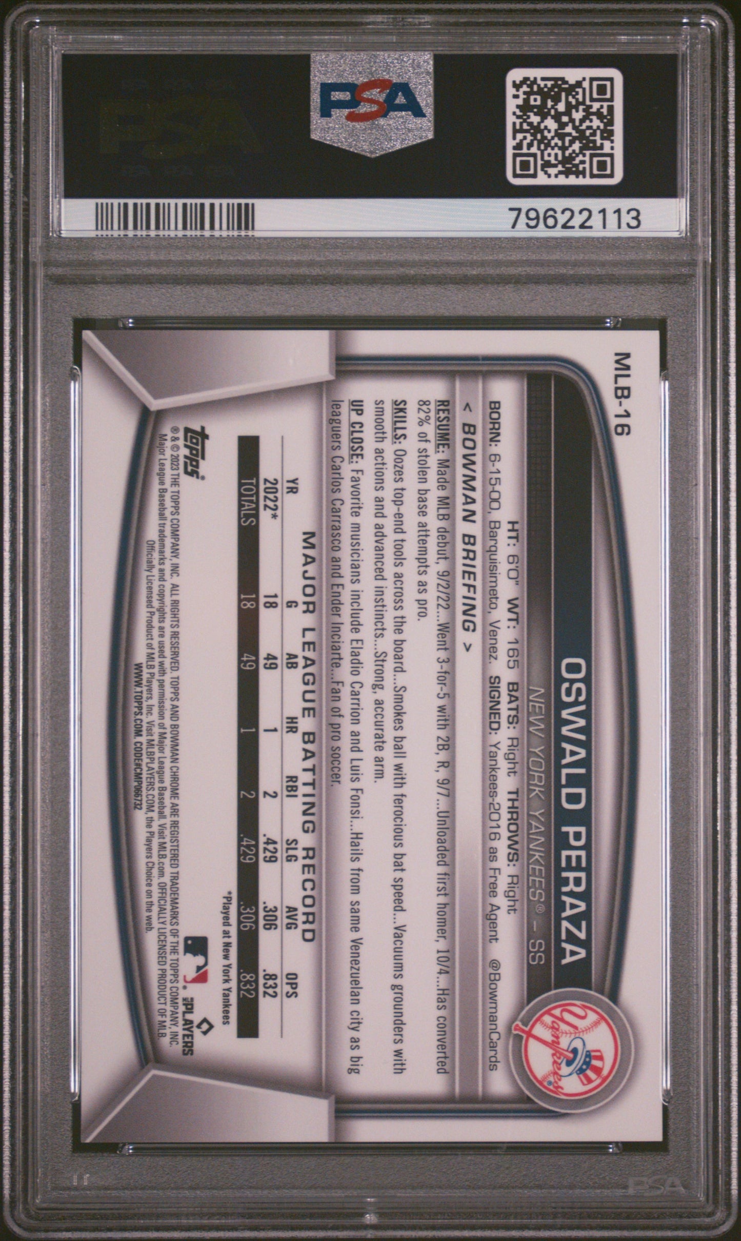 2023 Bowman Chrome National #16 Oswald Peraza RC 34/99 Sparkle Refractor PSA 10