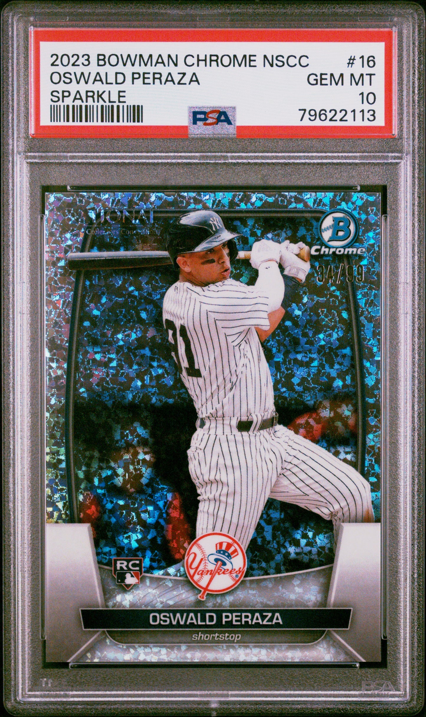 2023 Bowman Chrome National #16 Oswald Peraza RC 34/99 Sparkle Refractor PSA 10