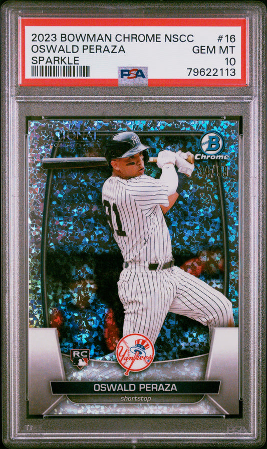 2023 Bowman Chrome National #16 Oswald Peraza RC 34/99 Sparkle Refractor PSA 10
