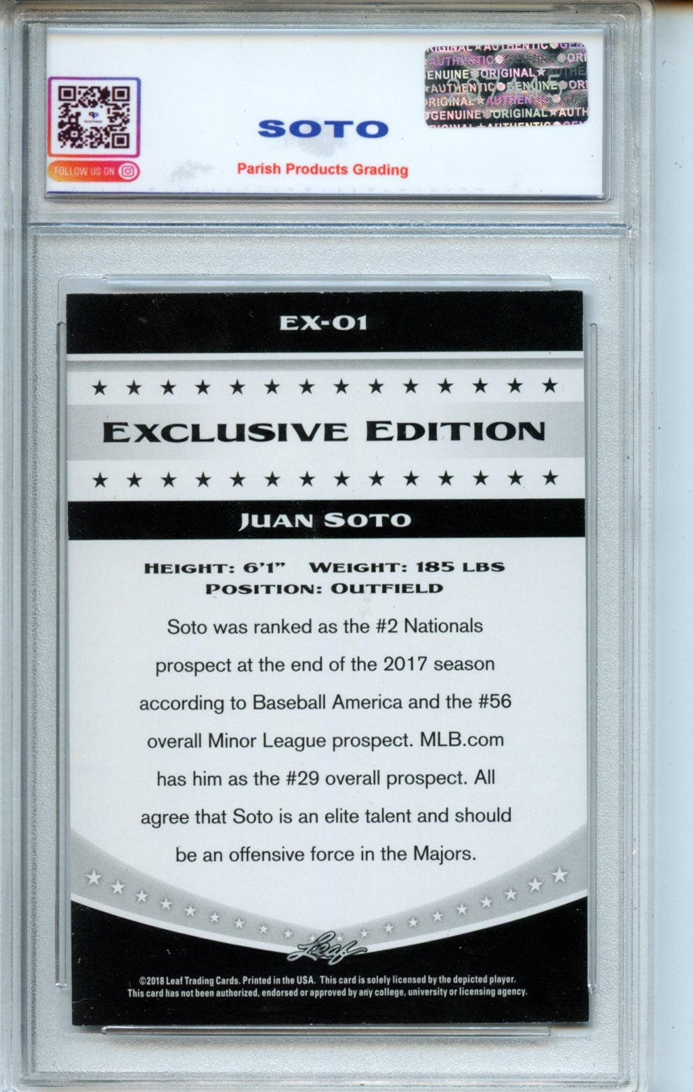 2018 Leaf Exclusive Edition #EX-01 Juan Soto Parish Product Grading 9